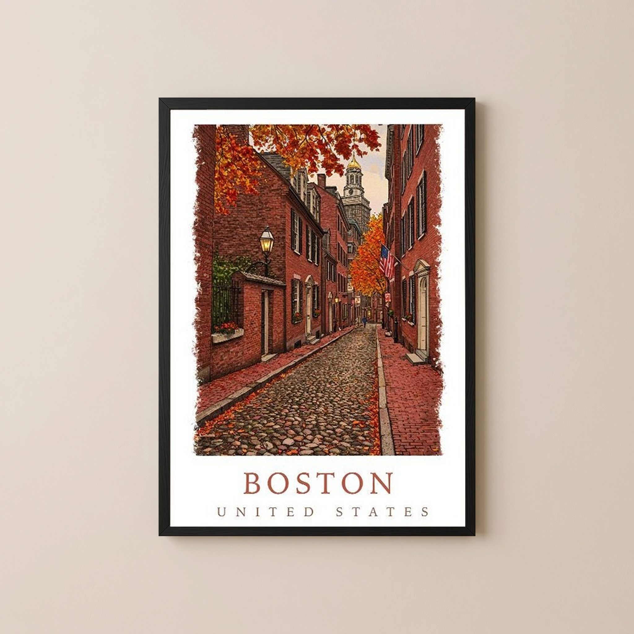Boston USA Travel Poster — Acorn Street Beacon Hill Fall Foliage Print