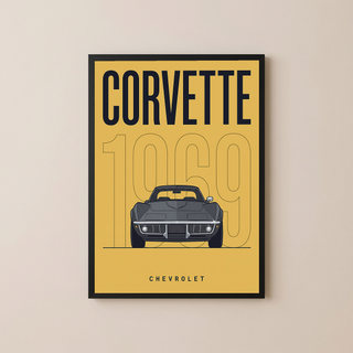 Chevrolet Corvette 1969 V2 Yellow Minimalist Poster — Muscle Car Line Art