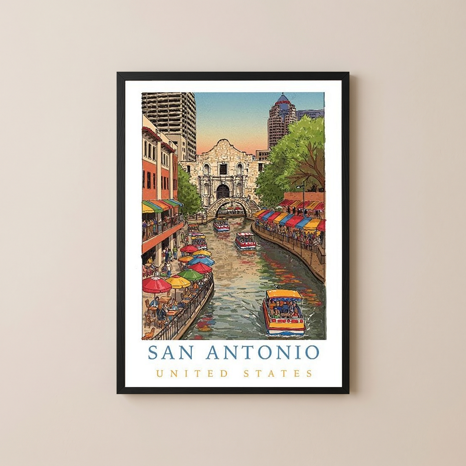 San Antonio Texas Travel Poster — Riverwalk Alamo Cityscape Print