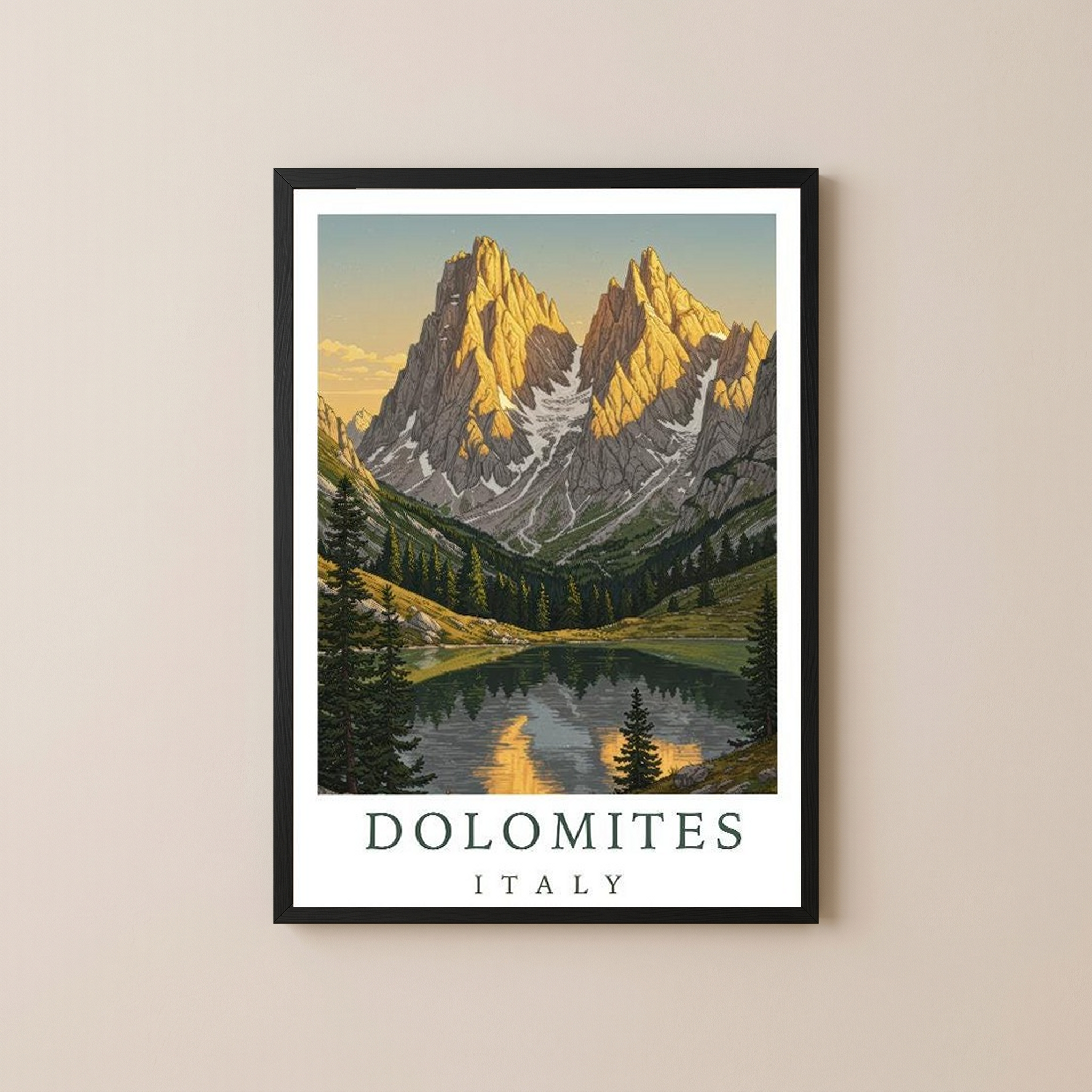 Dolomites Italy Travel Poster — Vintage Alpine Mountain Lake Print