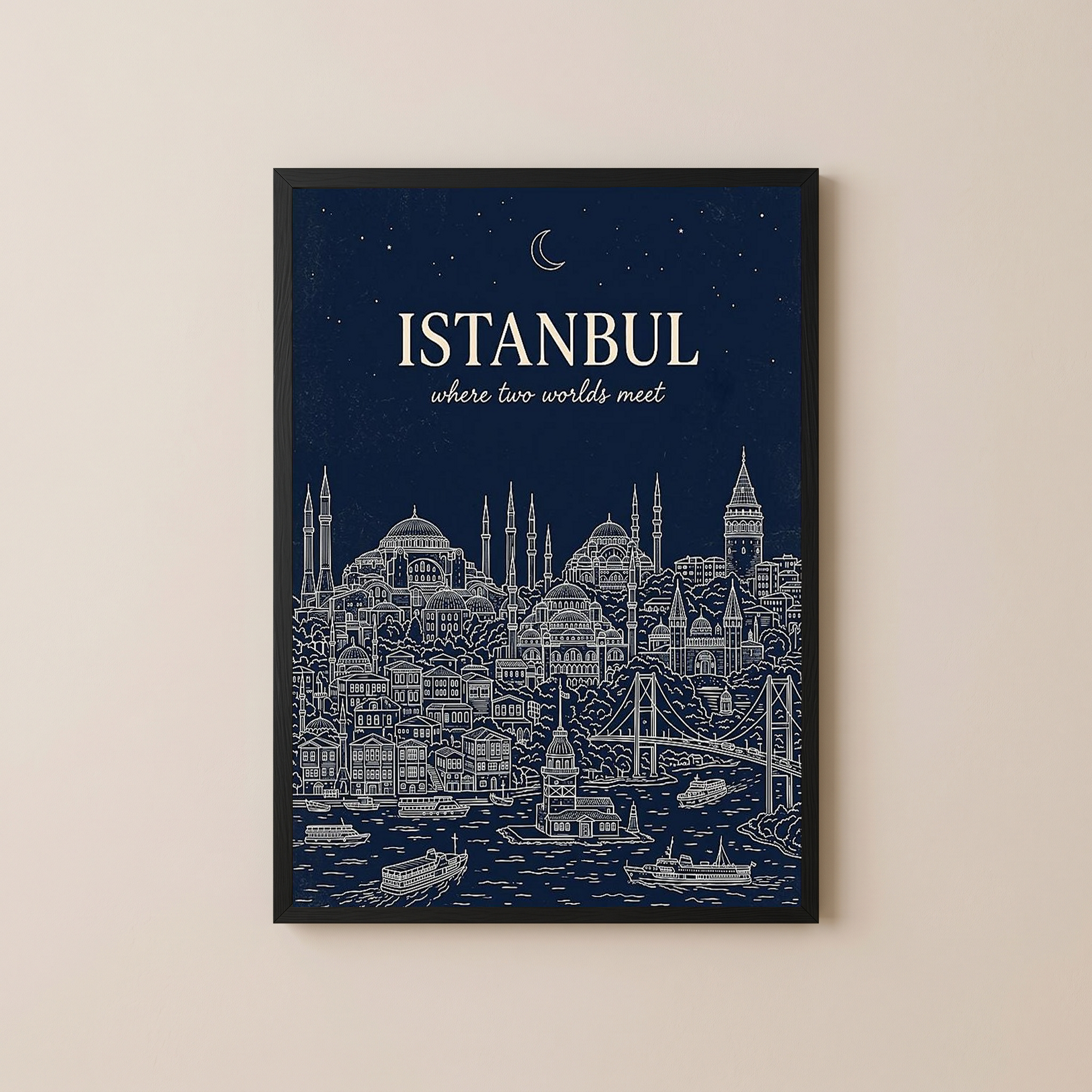 Istanbul Line Art Print — Navy Bosphorus Skyline Hagia Sophia Wall Art