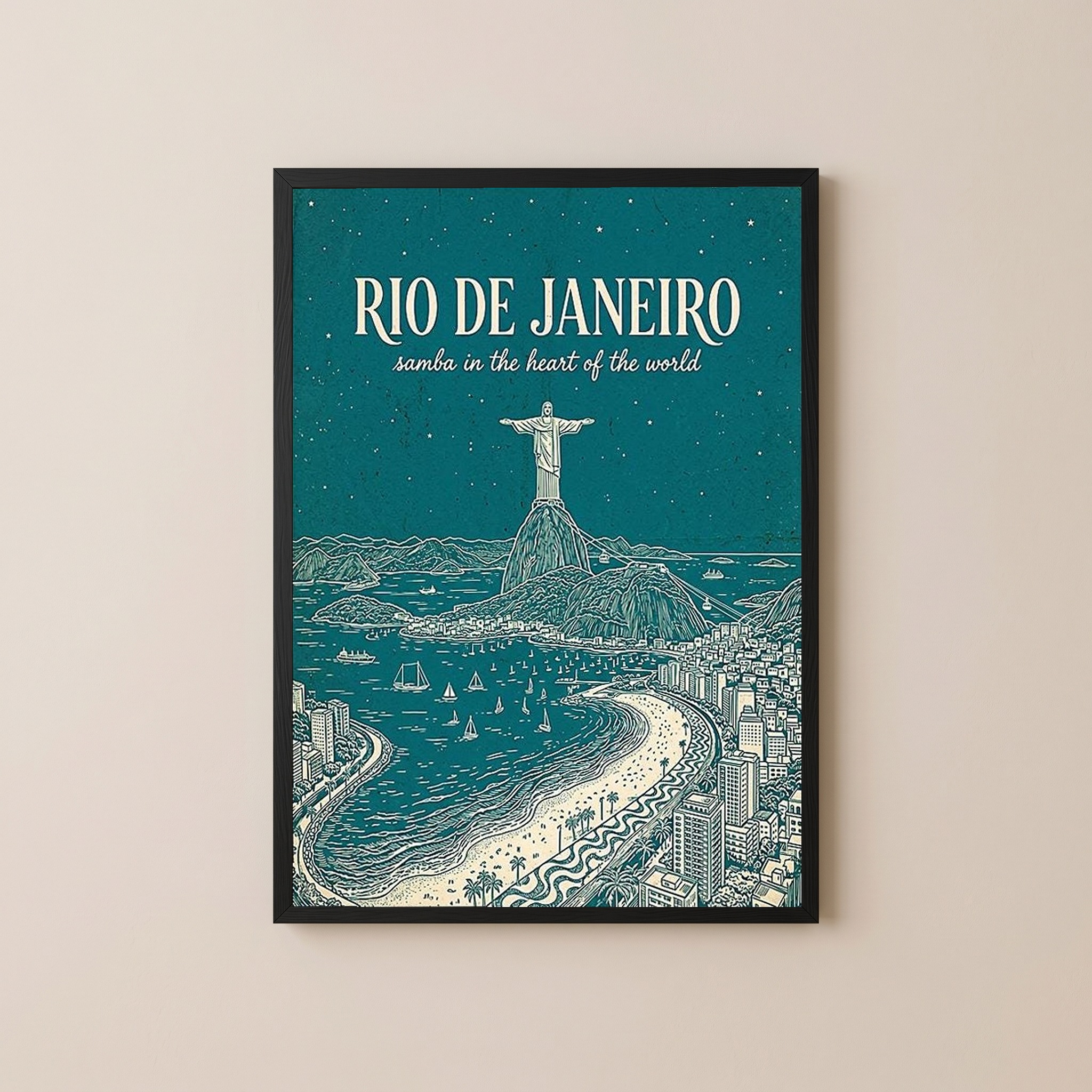 Rio de Janeiro Line Art Print — Teal Christ the Redeemer Copacabana Wall Art