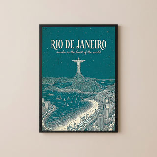 Rio de Janeiro Line Art Print — Teal Christ the Redeemer Copacabana Wall Art