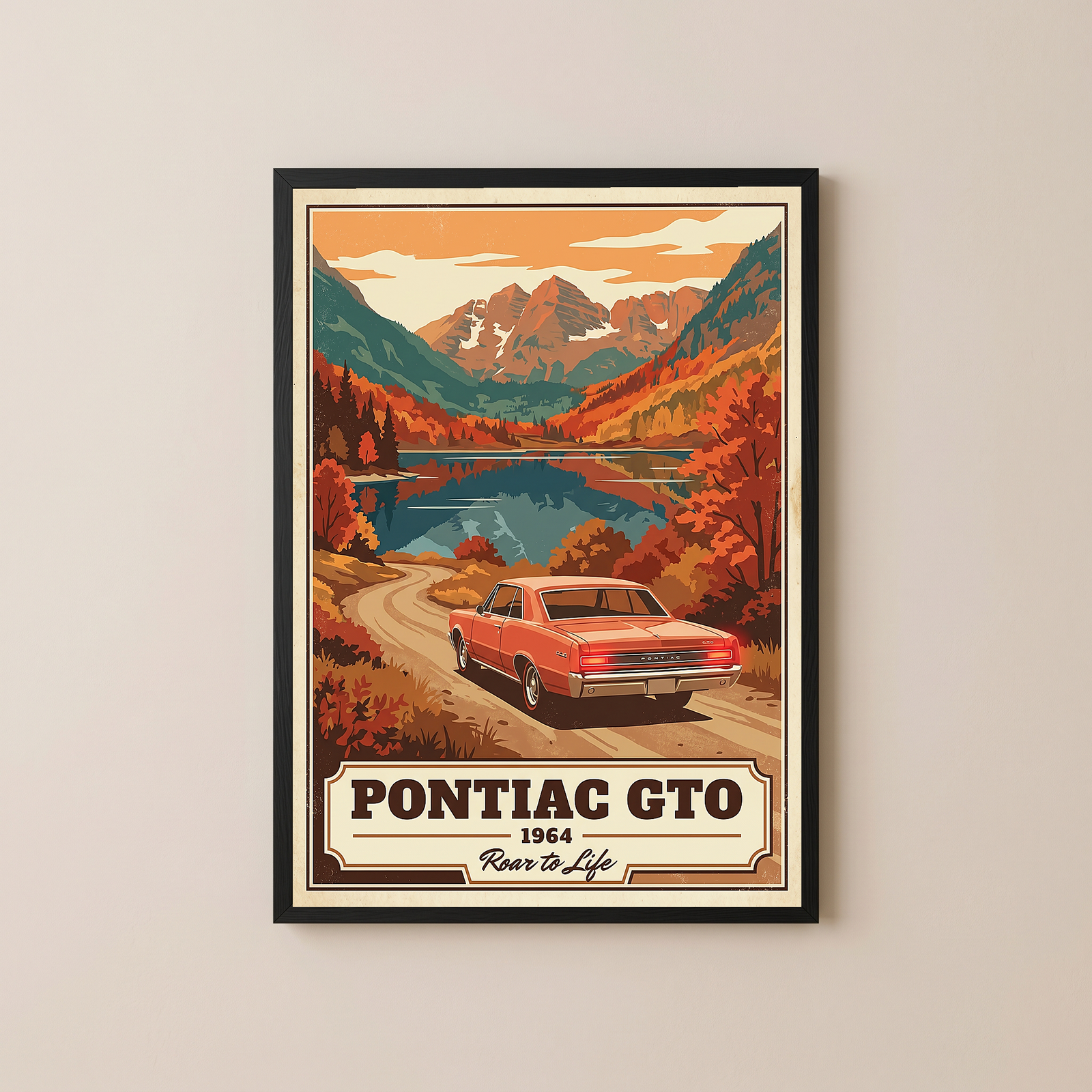 Pontiac GTO 1964 V4 Poster — Vintage Muscle Autumn Mountain Lake Print