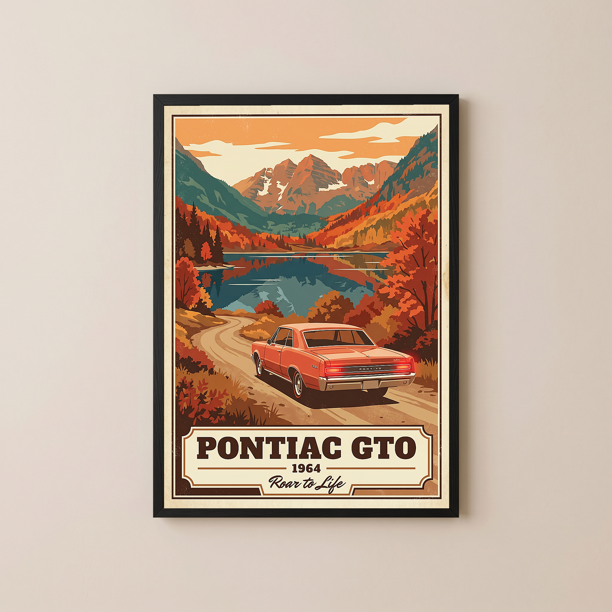 Pontiac GTO 1964 V4 Poster — Vintage Muscle Autumn Mountain Lake Print