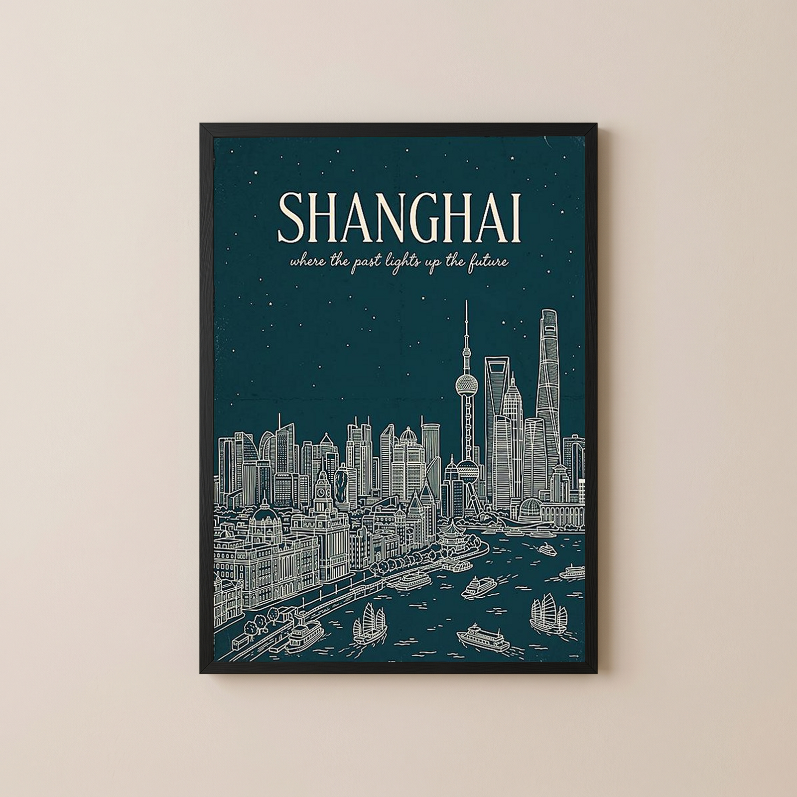 Shanghai Line Art Print — Teal Oriental Pearl Tower The Bund Skyline Wall Art