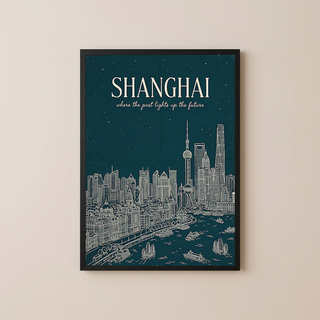 Shanghai Line Art Print — Teal Oriental Pearl Tower The Bund Skyline Wall Art