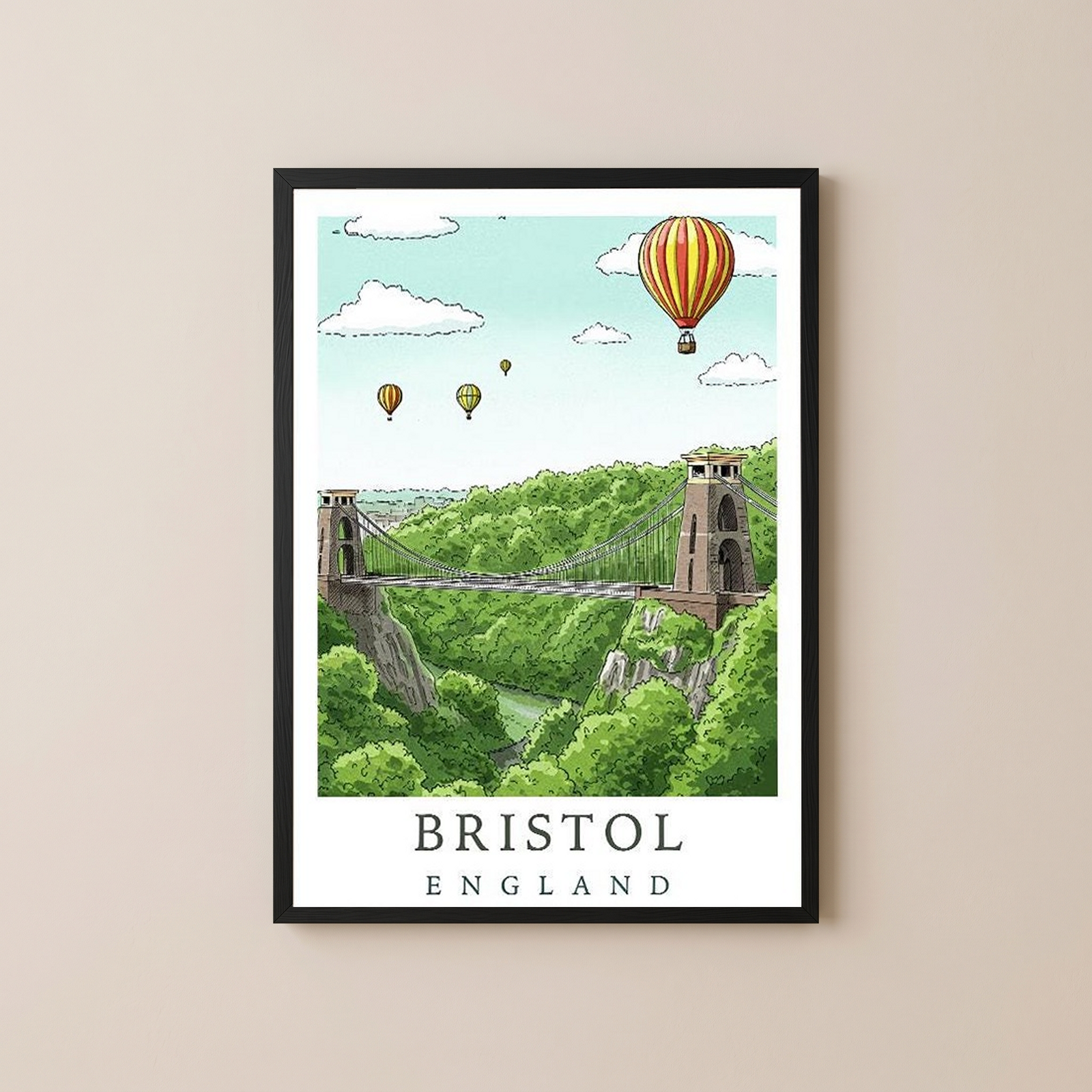 Bristol England Travel Poster — Clifton Bridge Hot Air Balloon Print