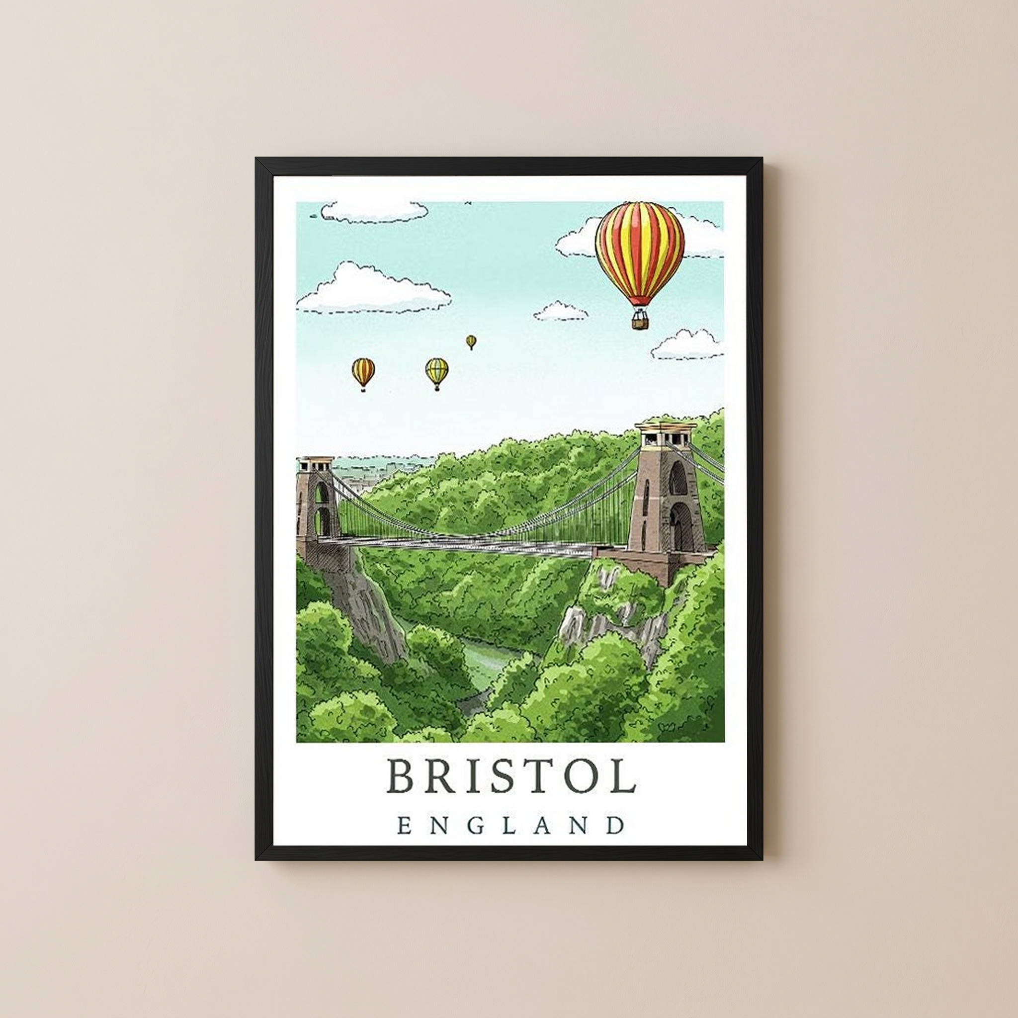 Bristol England Travel Poster — Clifton Bridge Hot Air Balloon Print