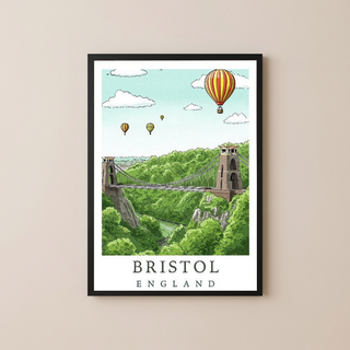 Bristol England Travel Poster — Clifton Bridge Hot Air Balloon Print