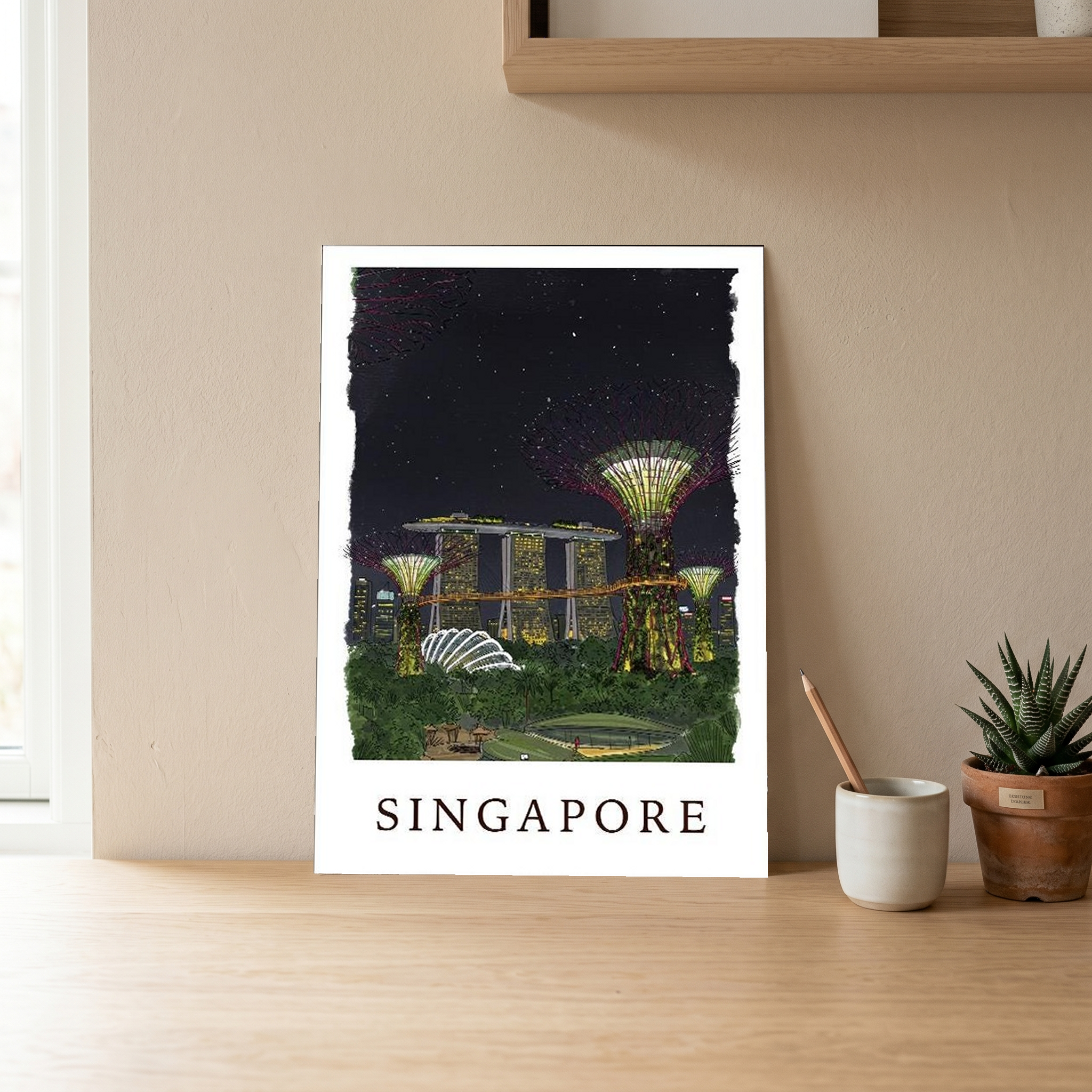 Singapore Travel Poster — Gardens by the Bay Marina Night Print