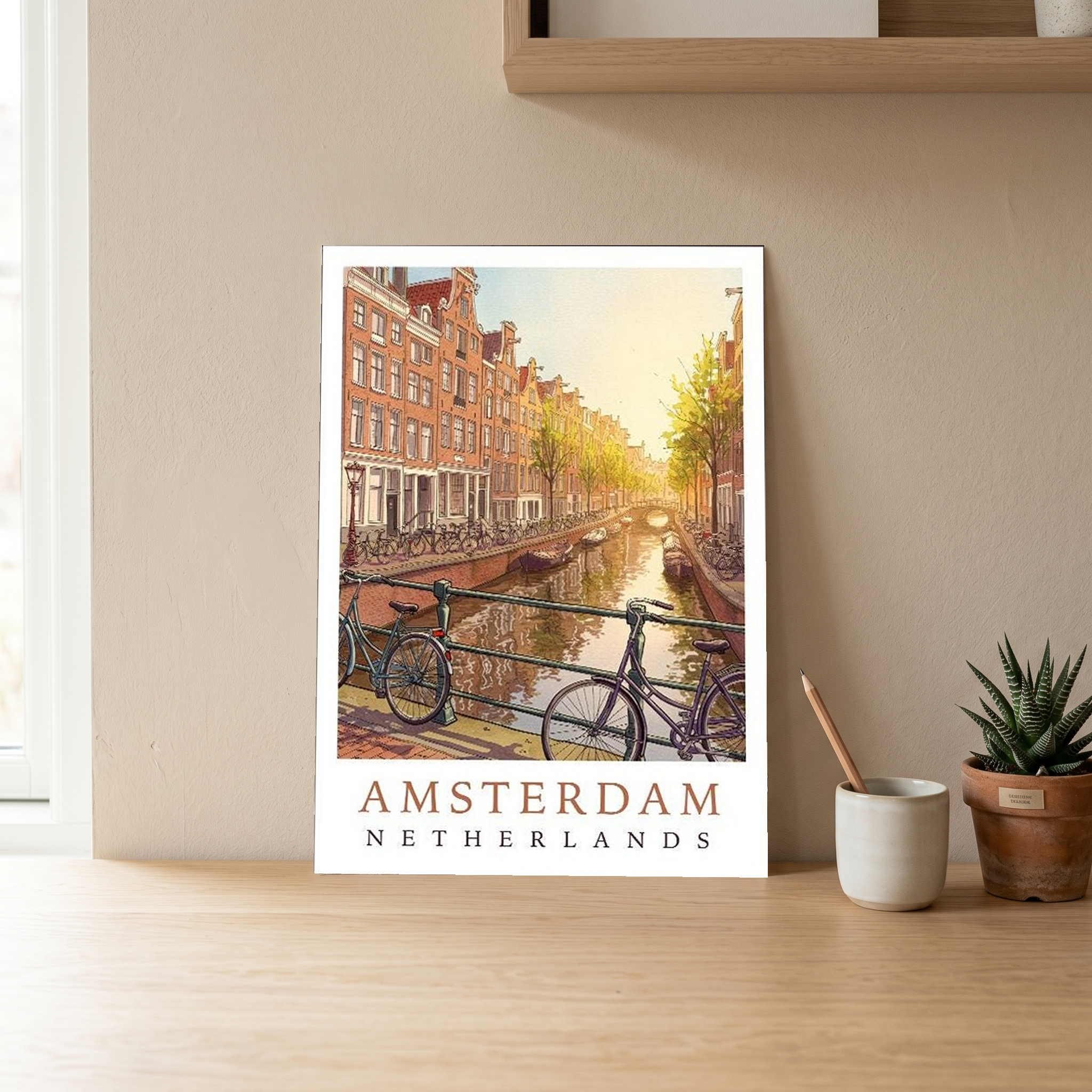 Amsterdam Netherlands Travel Poster — Canal House Bicycle Print