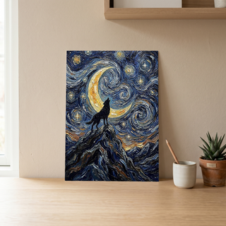 Black Wolf Howling Crescent Moon Print — Van Gogh-Style Mountain Wall Art