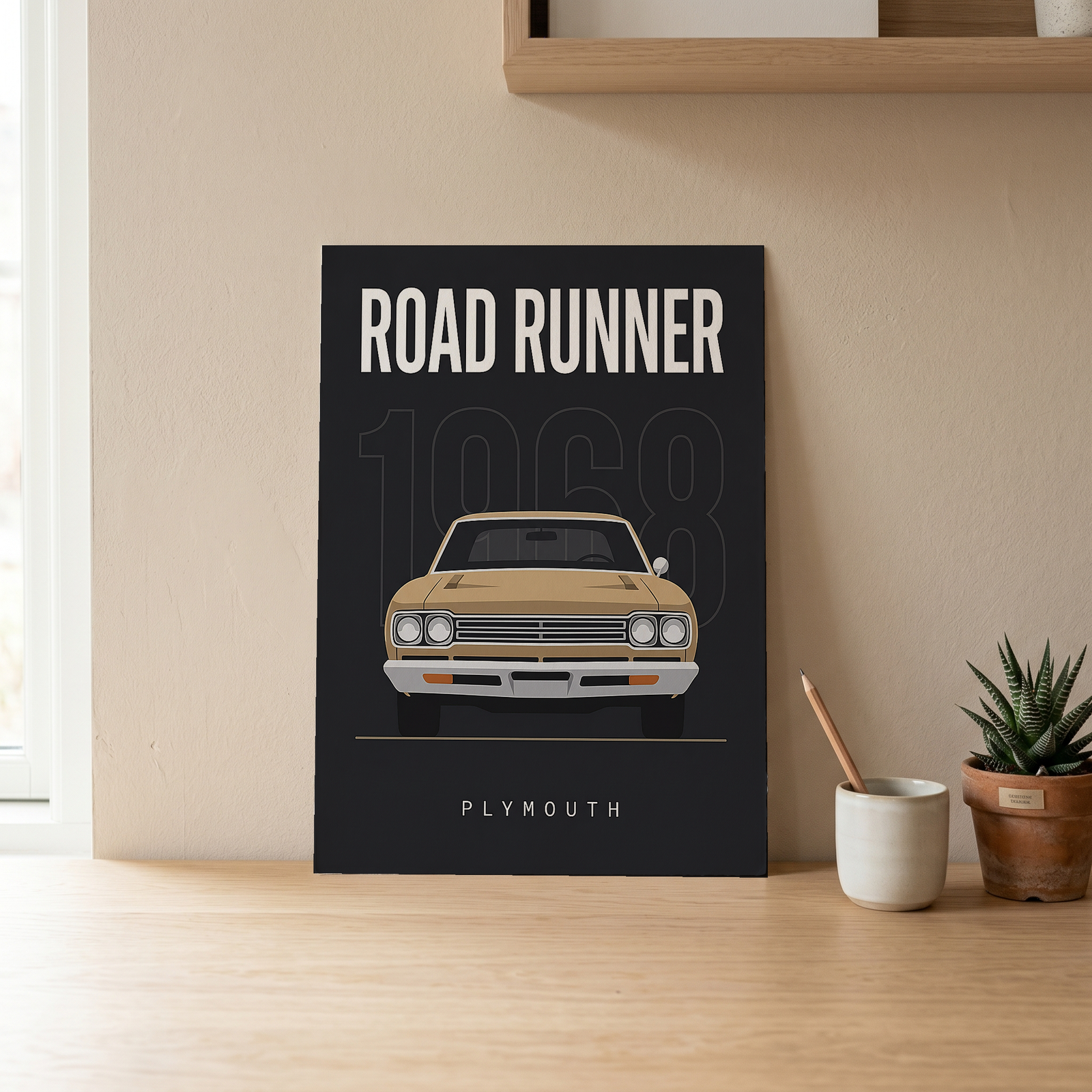 Plymouth Road Runner 1968 V2 Minimalist Poster — Sand on Charcoal Muscle Line Art