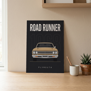 Plymouth Road Runner 1968 V2 Minimalist Poster — Sand on Charcoal Muscle Line Art