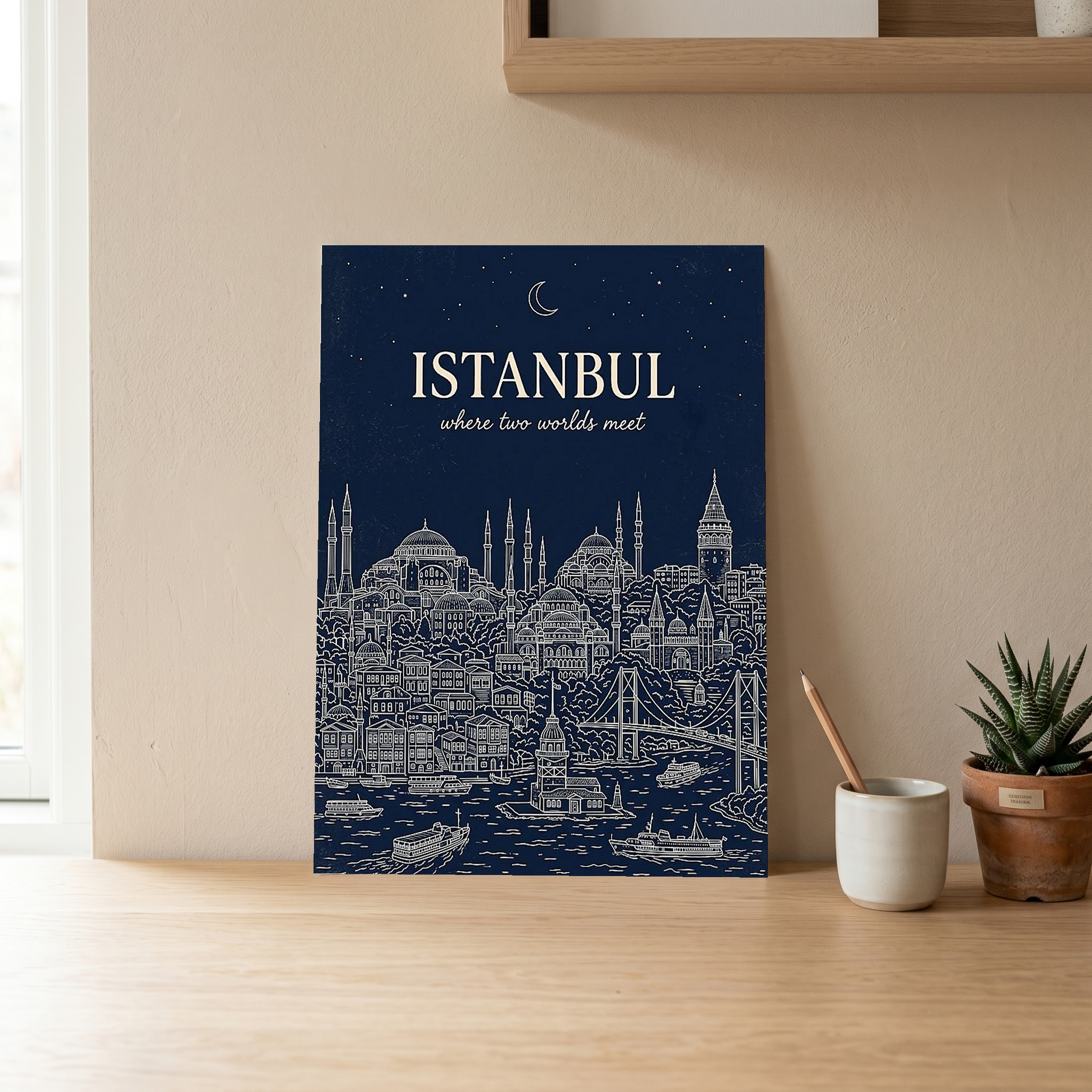Istanbul Line Art Print — Navy Bosphorus Skyline Hagia Sophia Wall Art