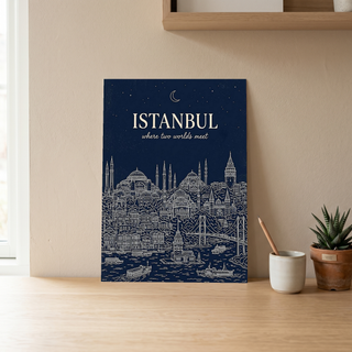 Istanbul Line Art Print — Navy Bosphorus Skyline Hagia Sophia Wall Art