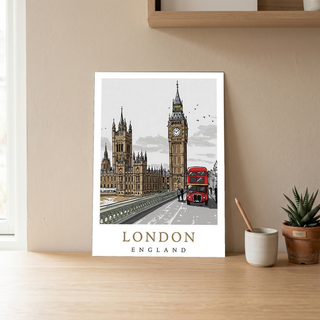 London Travel Poster — Big Ben Houses of Parliament Red Bus Print