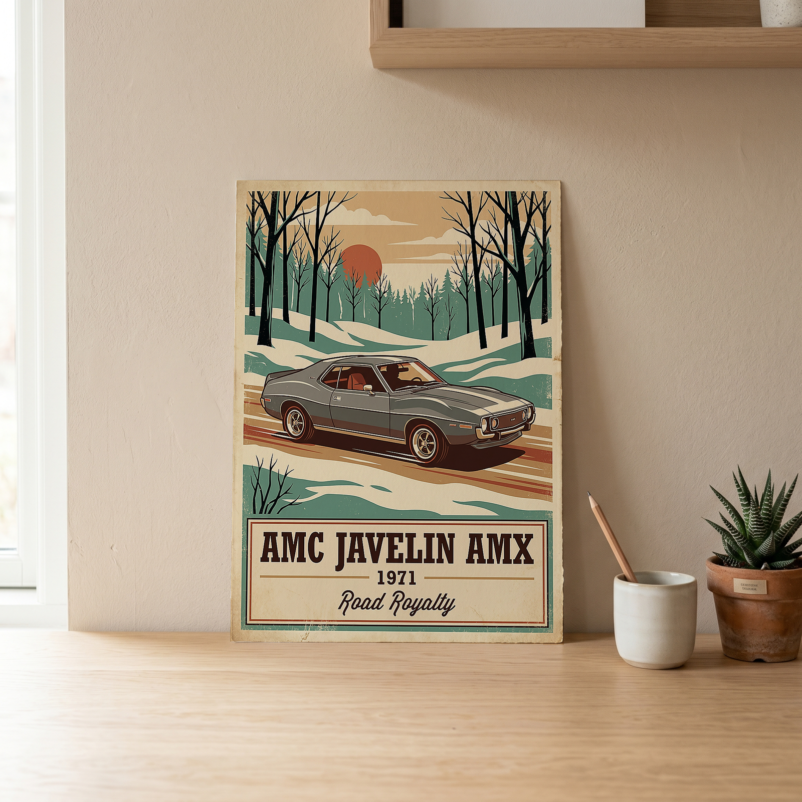 AMC Javelin AMX 1971 V2 Poster — Vintage Muscle Winter Snow Birch Forest Print
