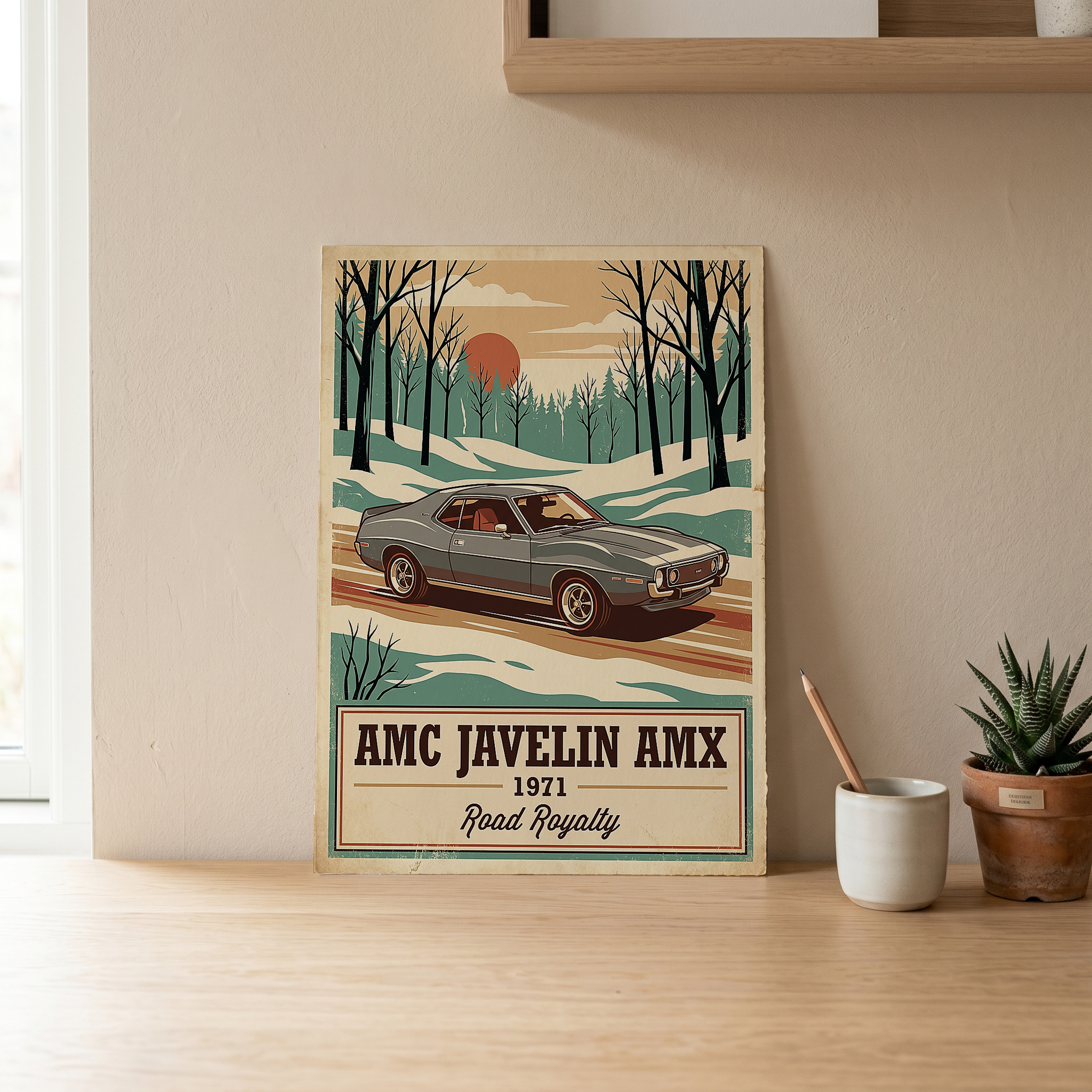 AMC Javelin AMX 1971 V2 Poster — Vintage Muscle Winter Snow Birch Forest Print