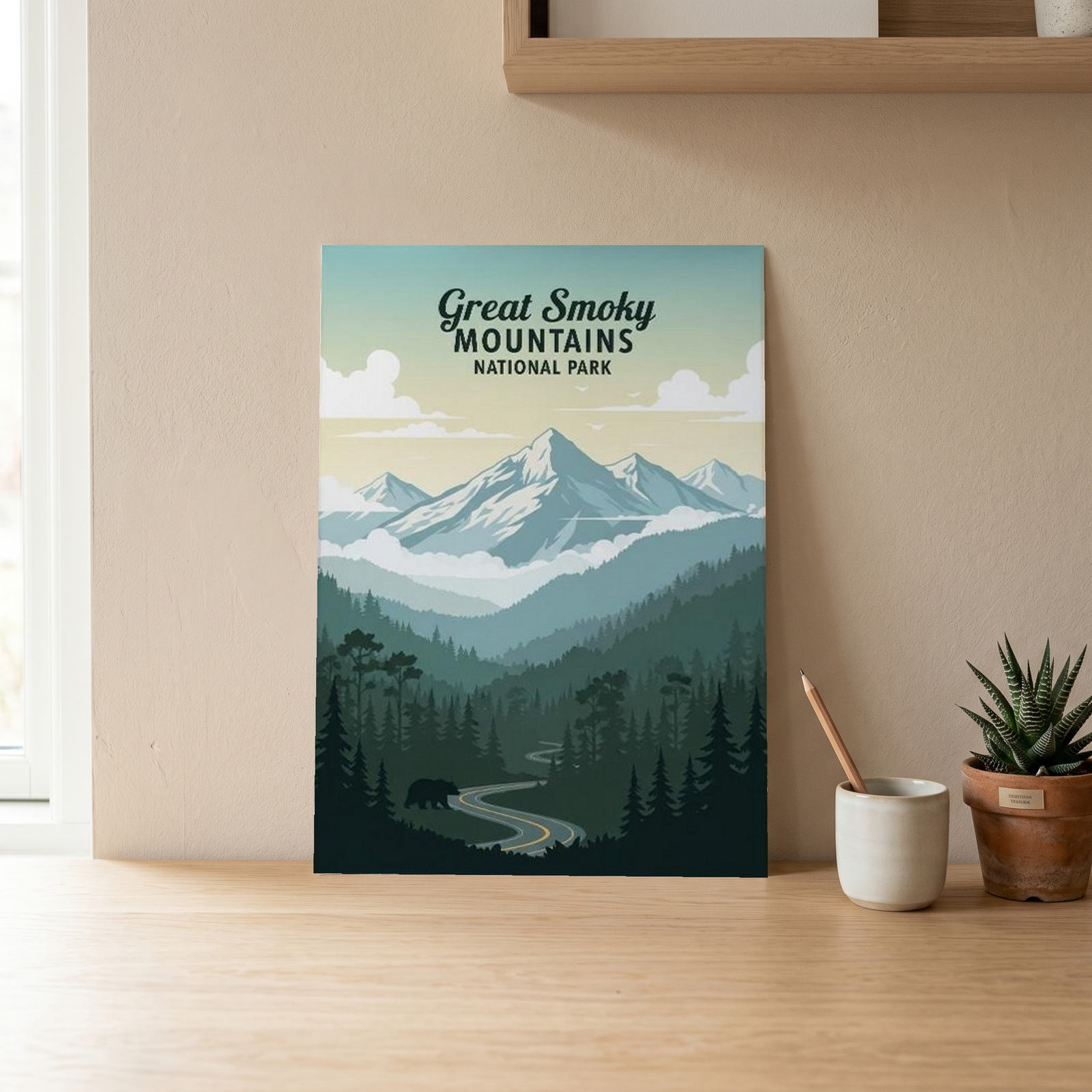 Great Smoky Mountains National Park Poster — Vintage Black Bear Foggy Ridges Print