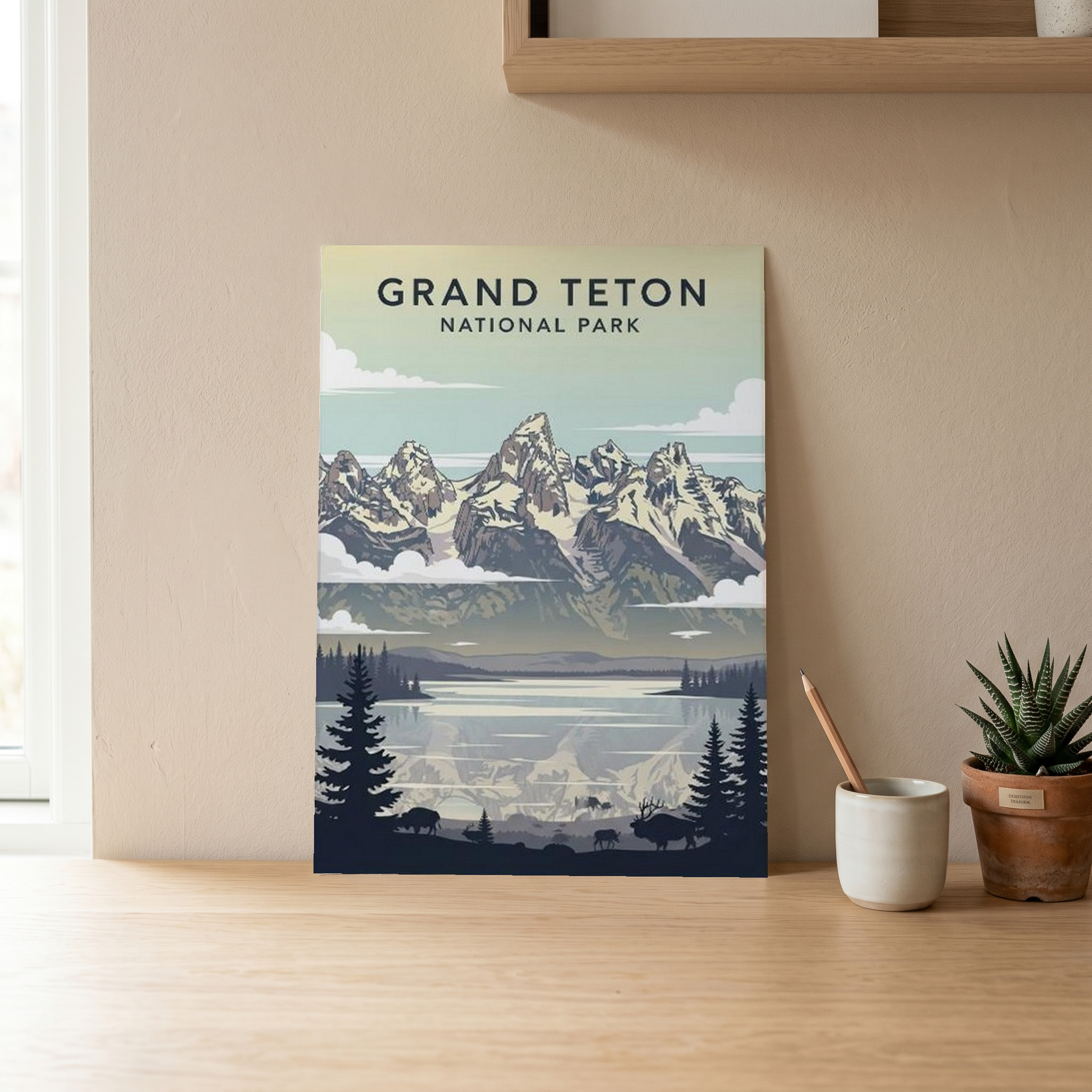 Grand Teton National Park Poster — Vintage Wyoming Bison Jackson Lake Print