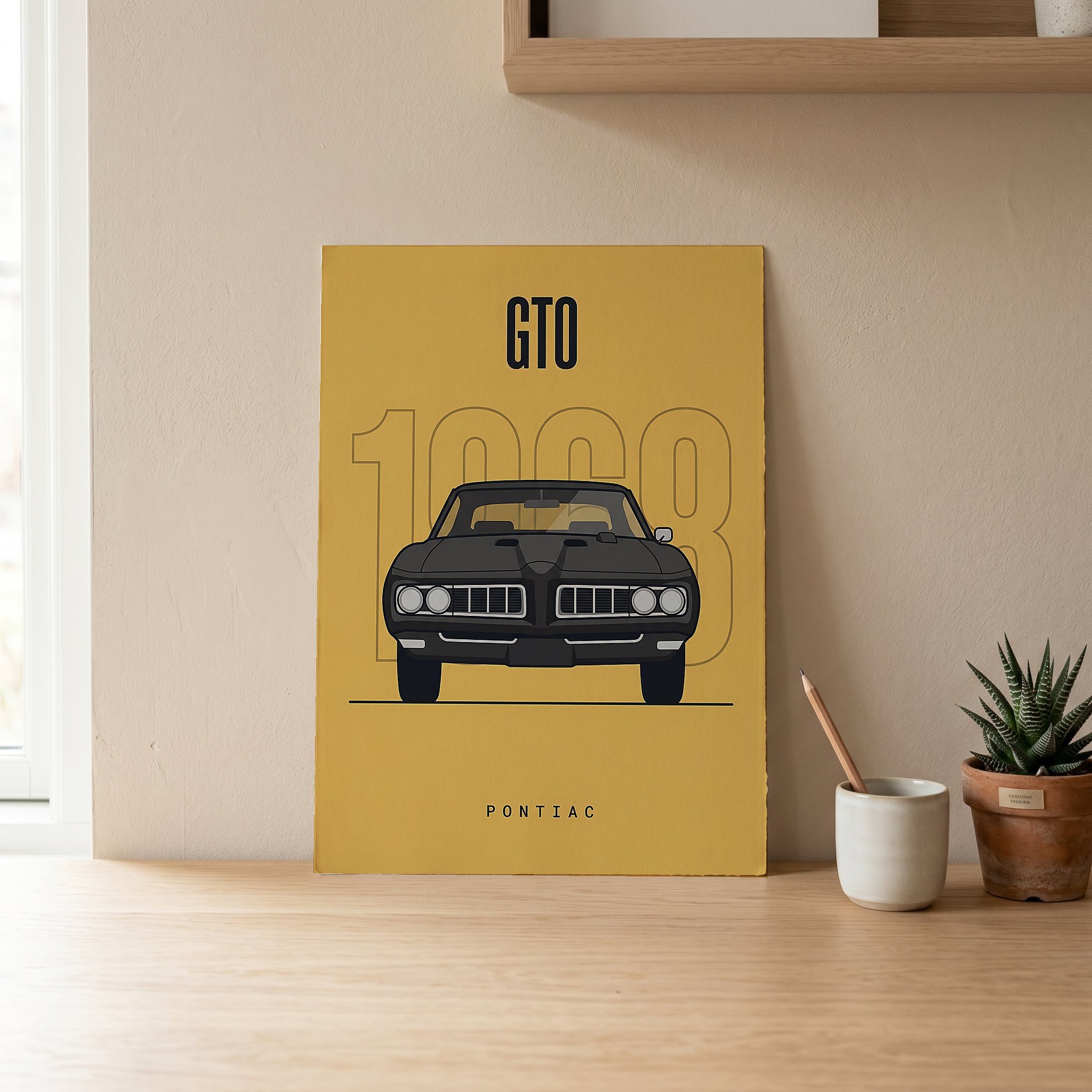 Pontiac GTO 1968 Minimalist Poster — Golden Yellow Muscle Car Line Art