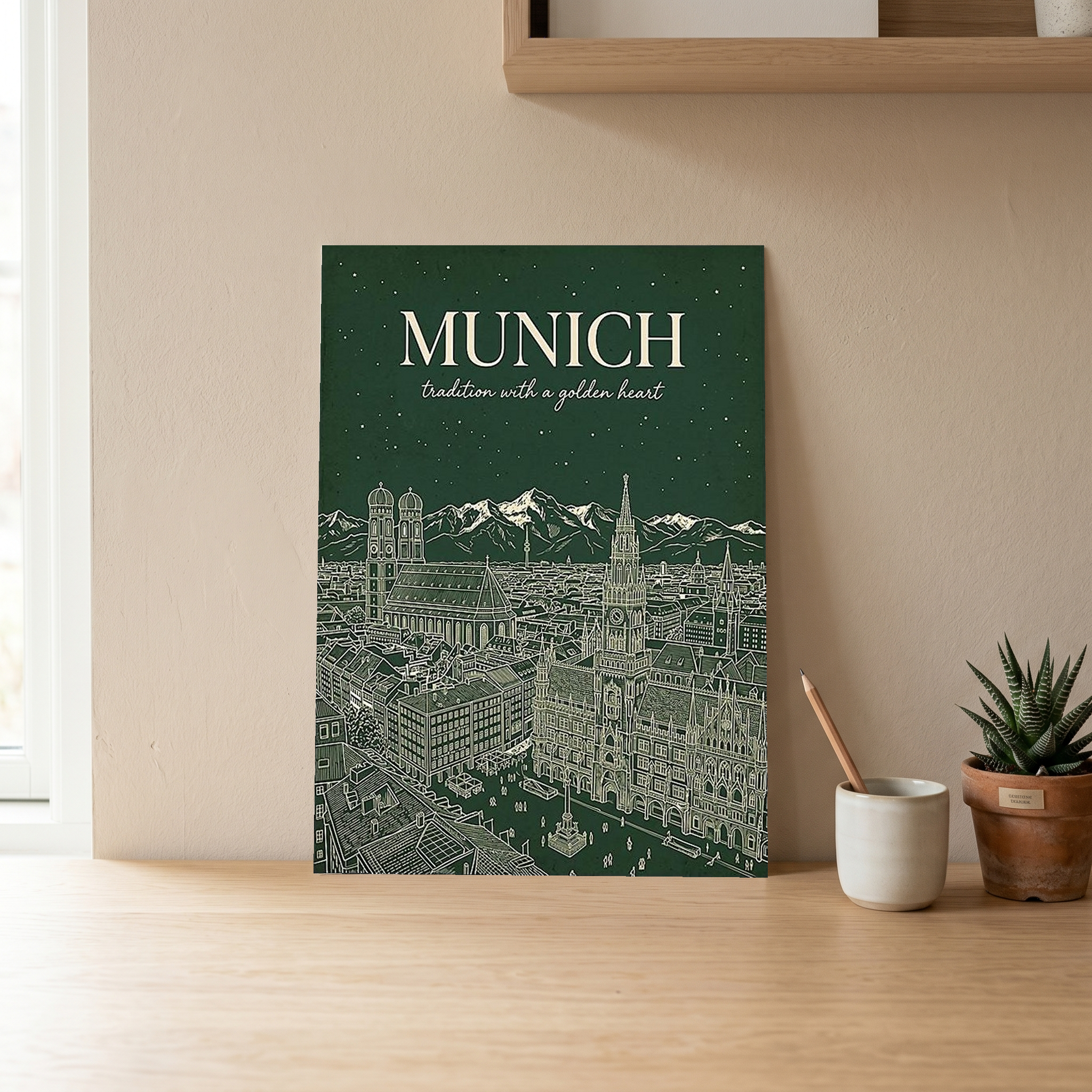 Munich Line Art Print — Forest Green Frauenkirche Marienplatz Skyline Wall Art