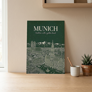 Munich Line Art Print — Forest Green Frauenkirche Marienplatz Skyline Wall Art