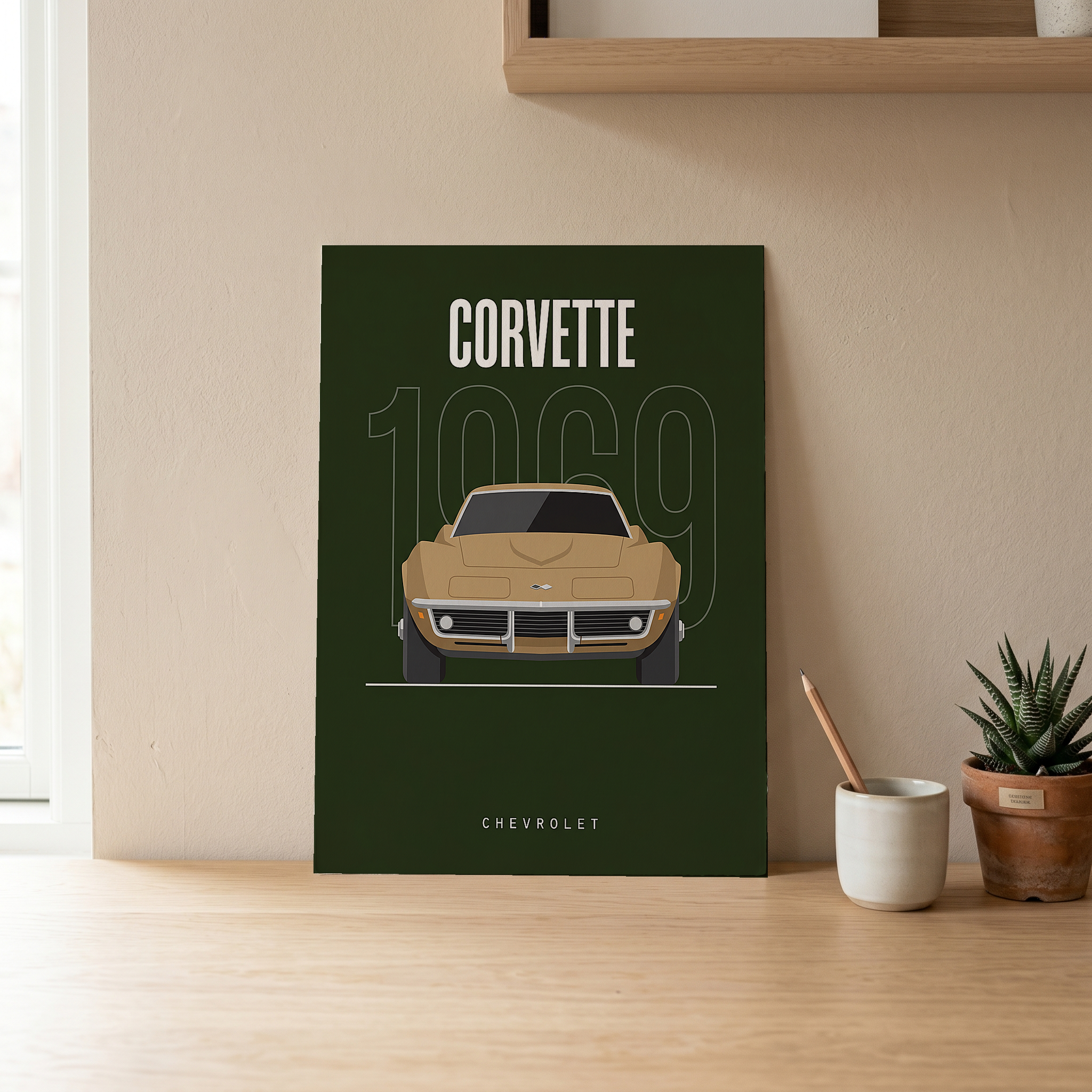 Chevrolet Corvette 1969 Minimalist Poster — Forest Green Muscle Car Line Art