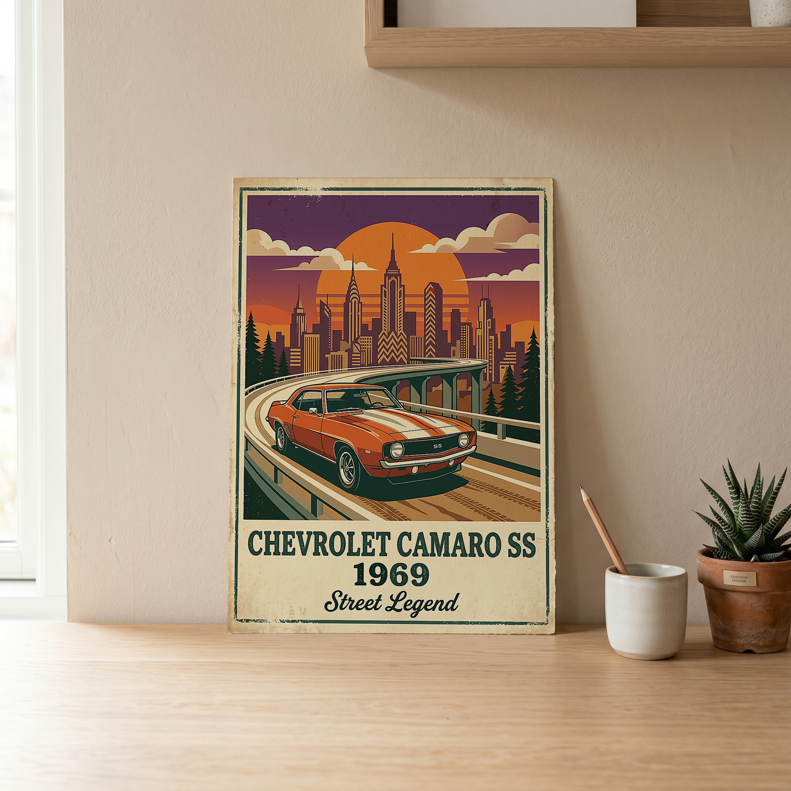 Chevrolet Camaro SS 1969 Poster — Vintage Muscle Car City Skyline Print