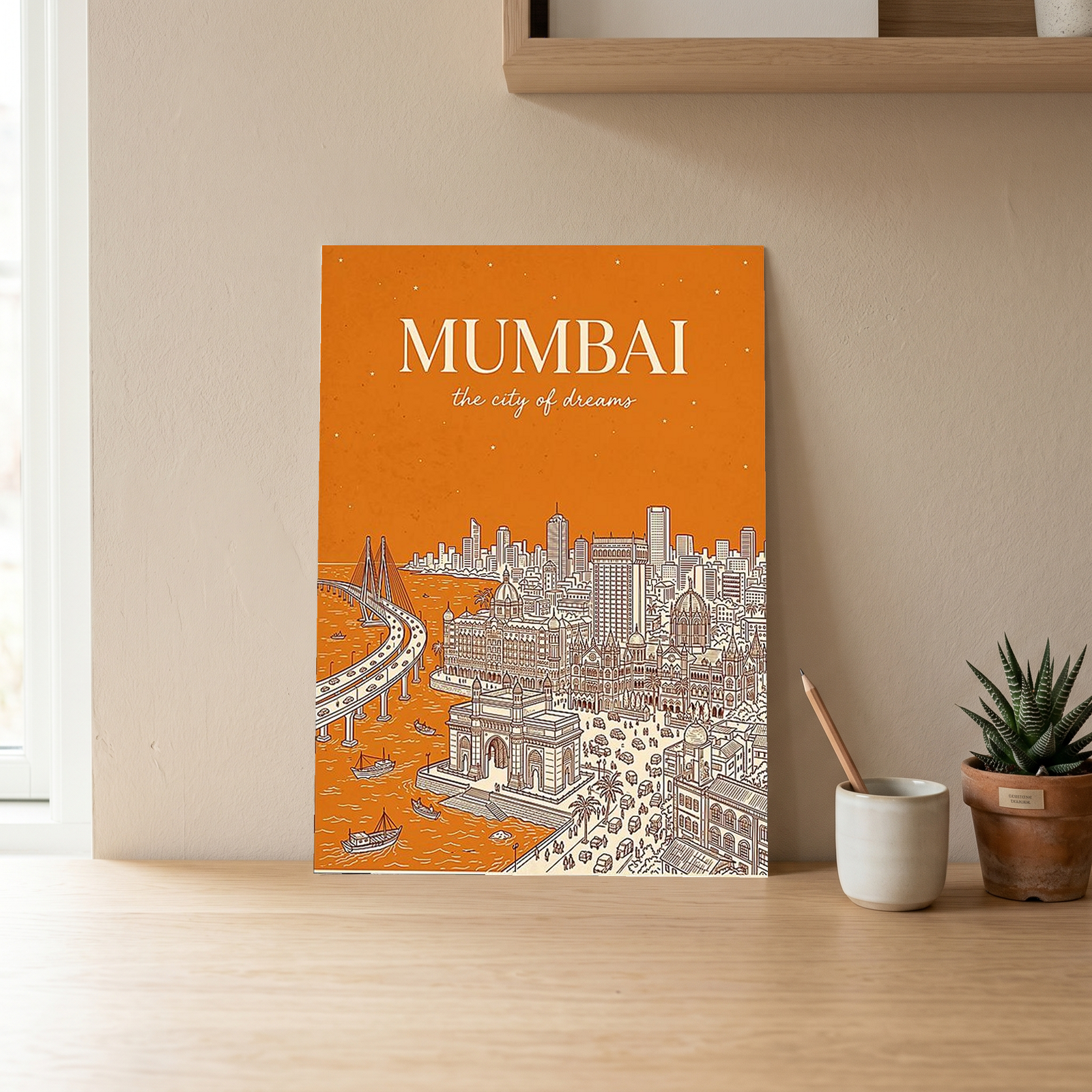 Mumbai Line Art Print — Saffron Gateway of India Marine Drive Skyline Wall Art