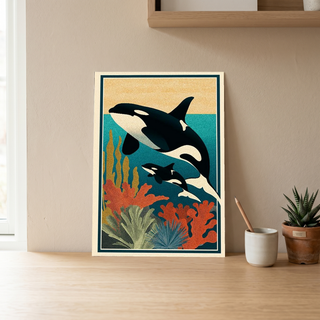 Orca Mother & Calf Ocean Reef Poster - Coastal Wildlife Wall Art