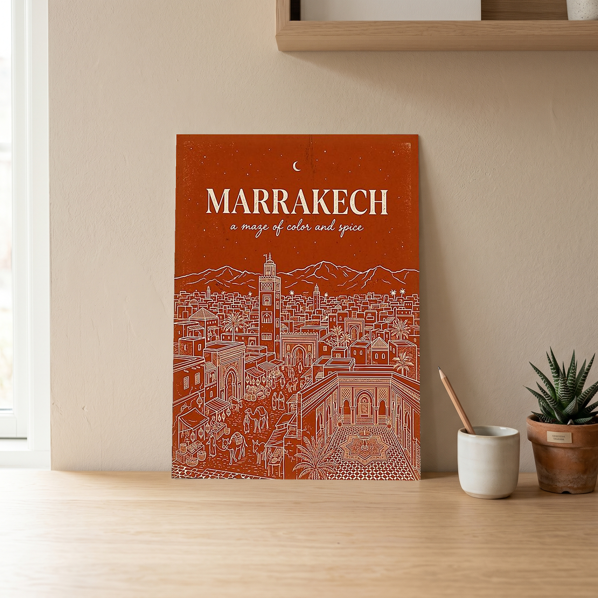 Marrakech Line Art Print — Terracotta Koutoubia Medina Skyline Wall Art