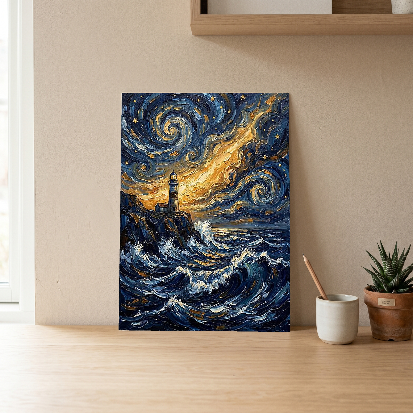 Lighthouse Stormy Sea Print — Van Gogh Starry Night Coastal Wall Art
