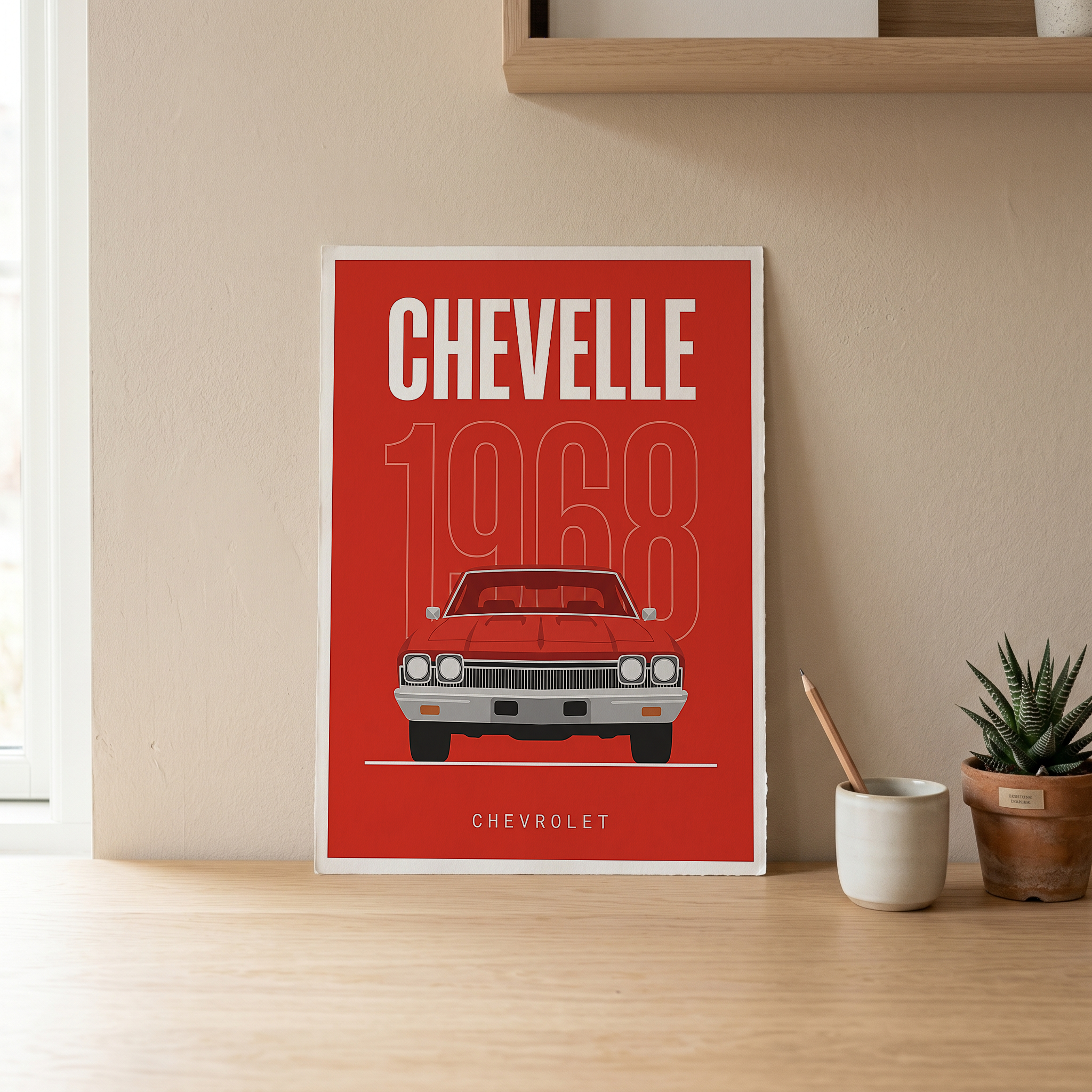 Chevrolet Chevelle 1968 Minimalist Poster — Red Muscle Car Line Art