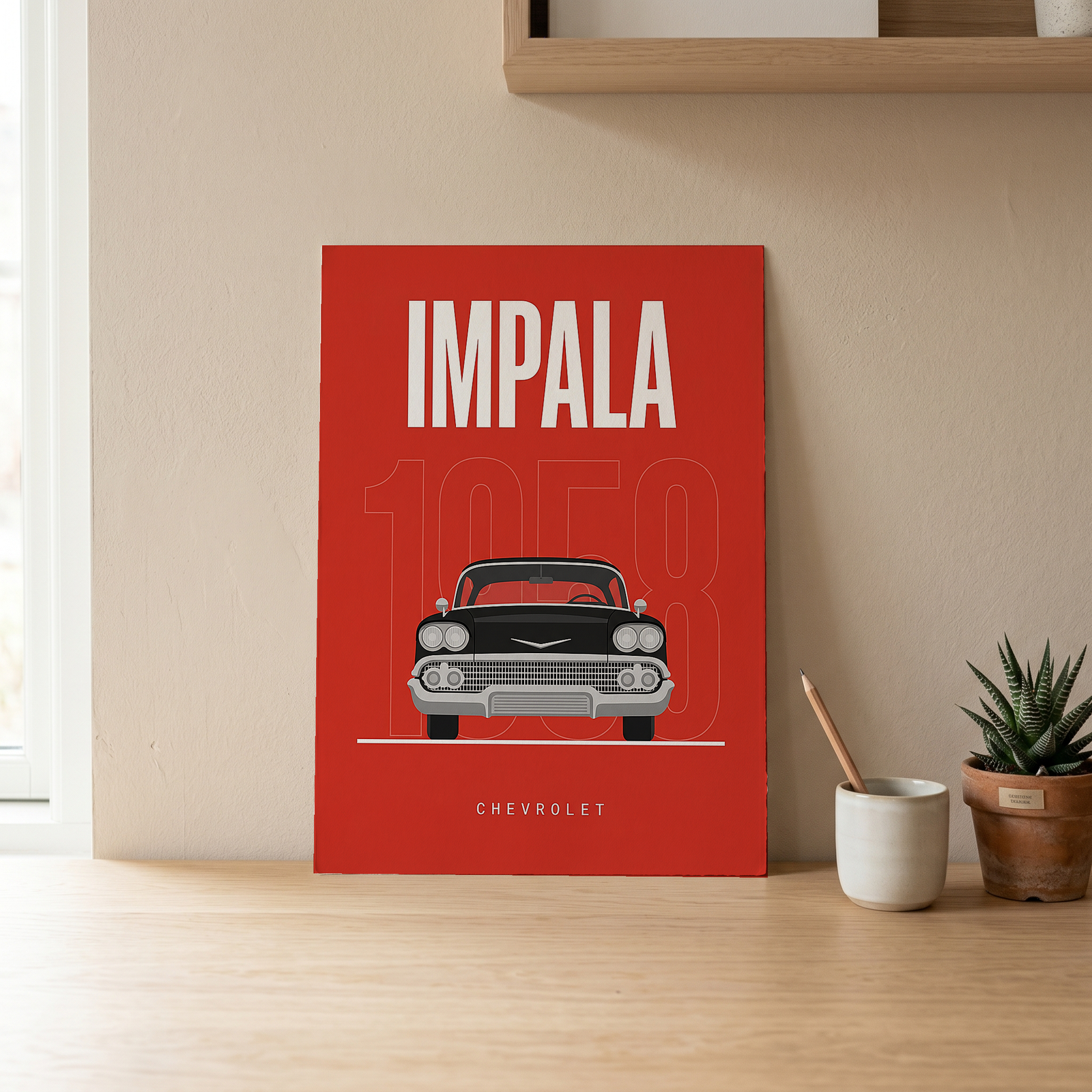Chevrolet Impala 1958 Minimalist Poster — Red Classic Muscle Line Art