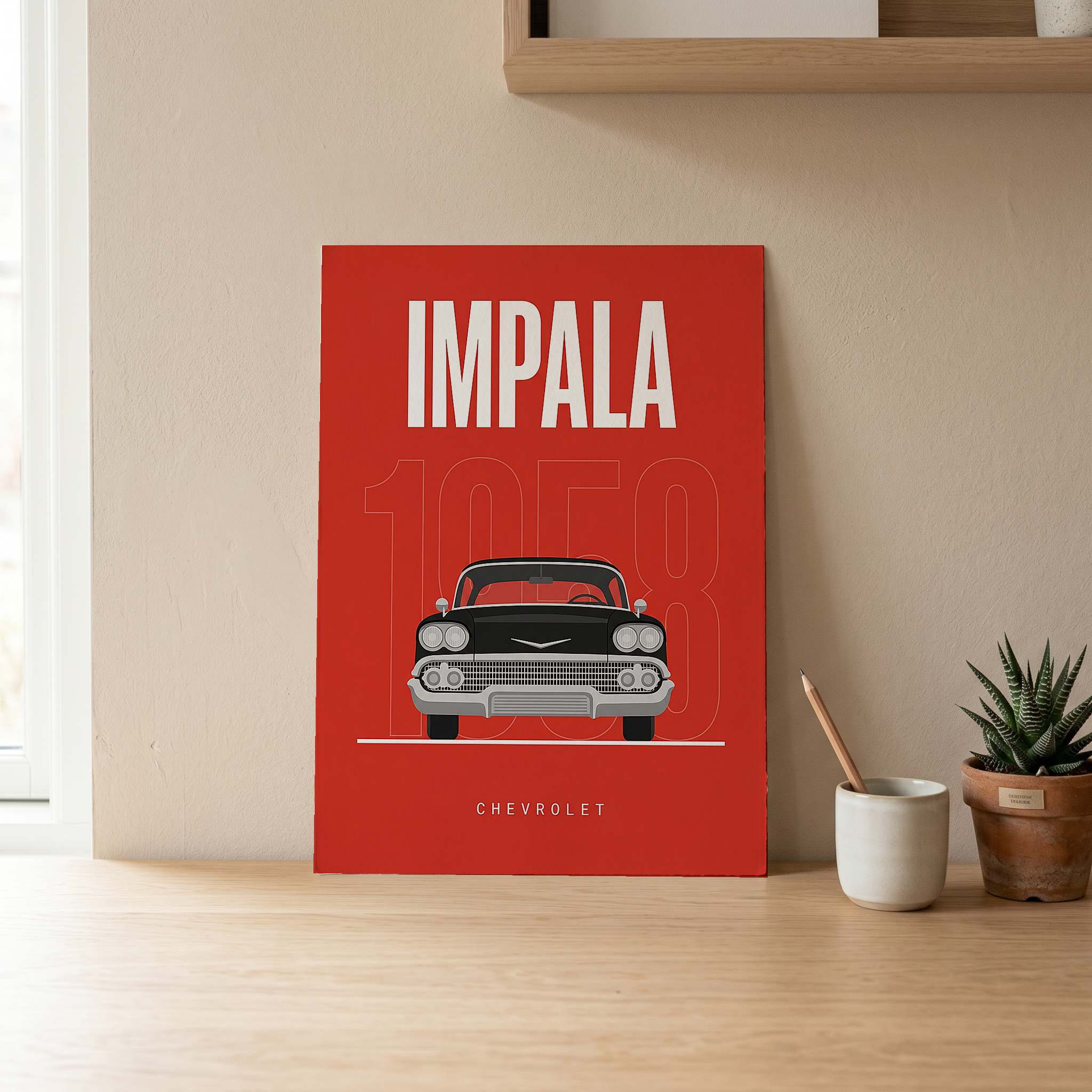 Chevrolet Impala 1958 Minimalist Poster — Red Classic Muscle Line Art
