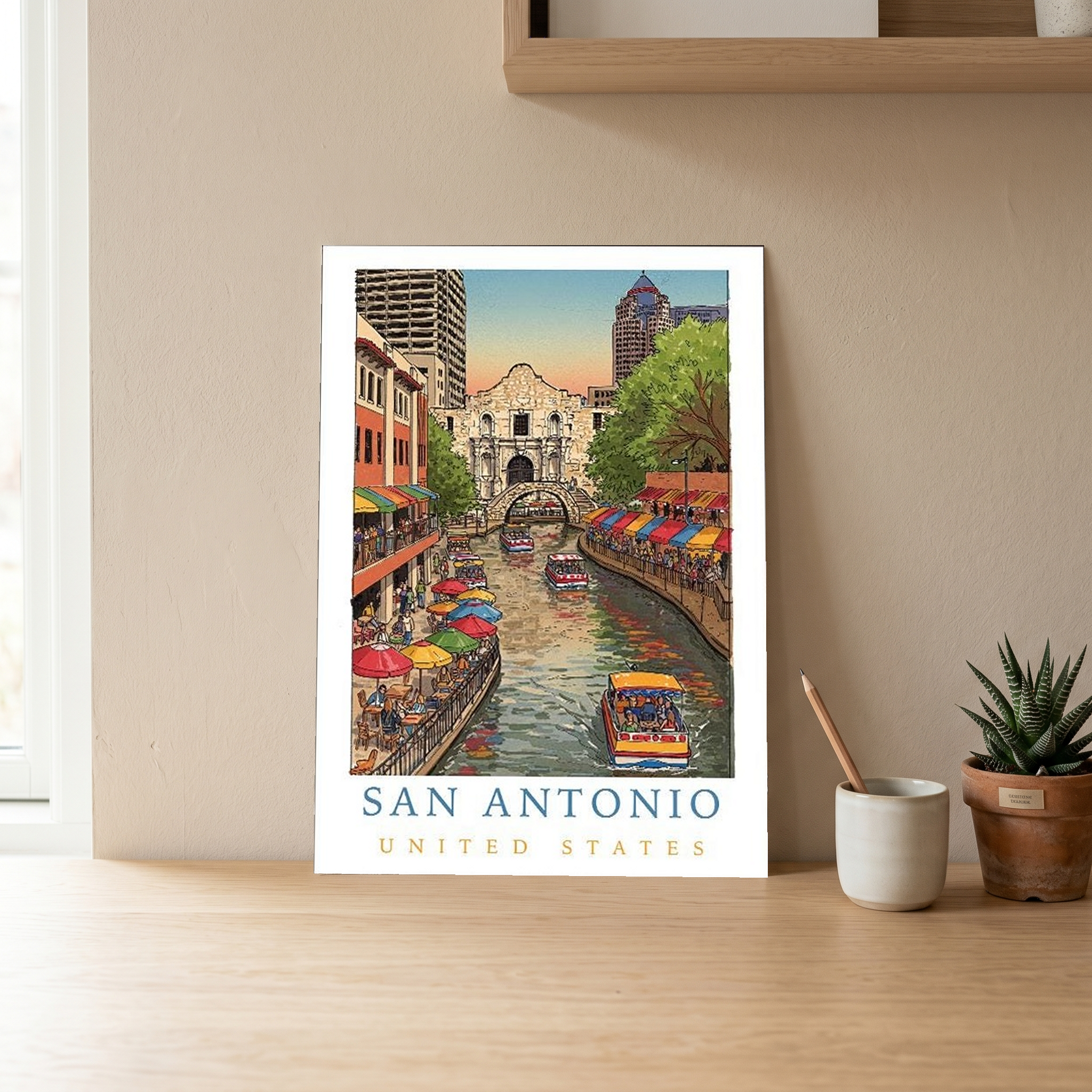 San Antonio Texas Travel Poster — Riverwalk Alamo Cityscape Print