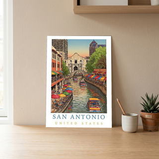 San Antonio Texas Travel Poster — Riverwalk Alamo Cityscape Print