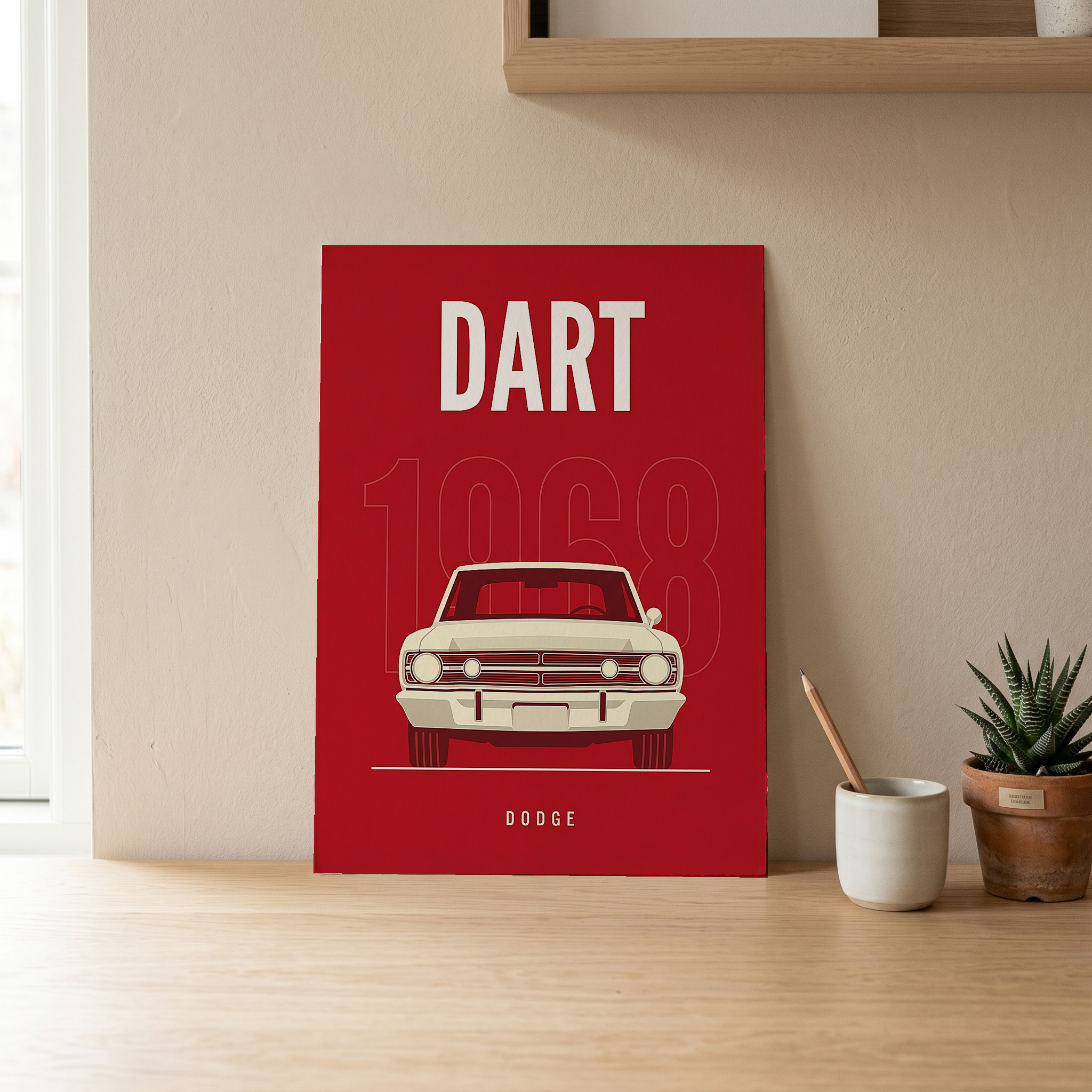 Dodge Dart 1968 Minimalist Poster — Ivory on Cherry Red Muscle Line Art