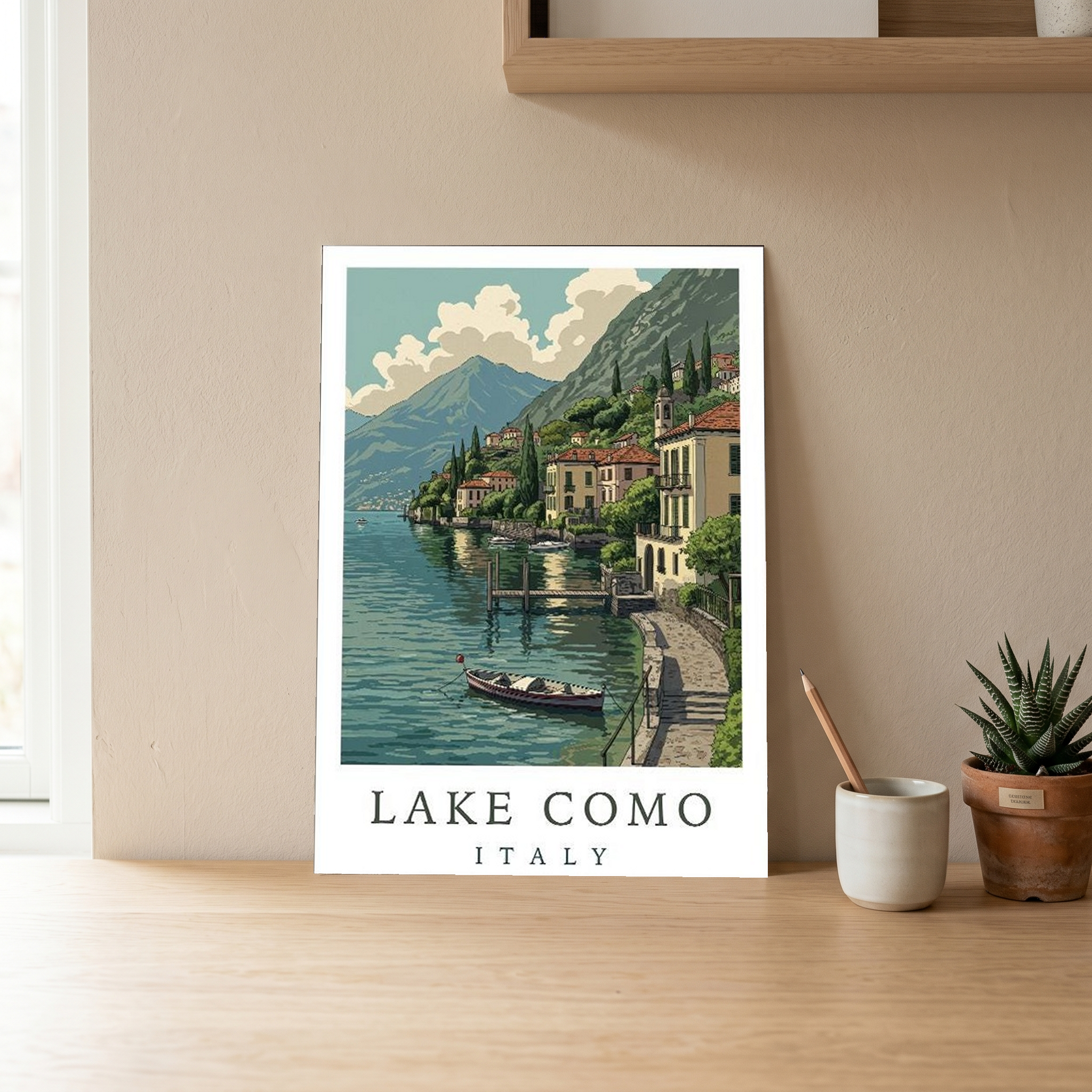 Lake Como Italy Travel Poster — Lakeside Village Boat Landscape Print
