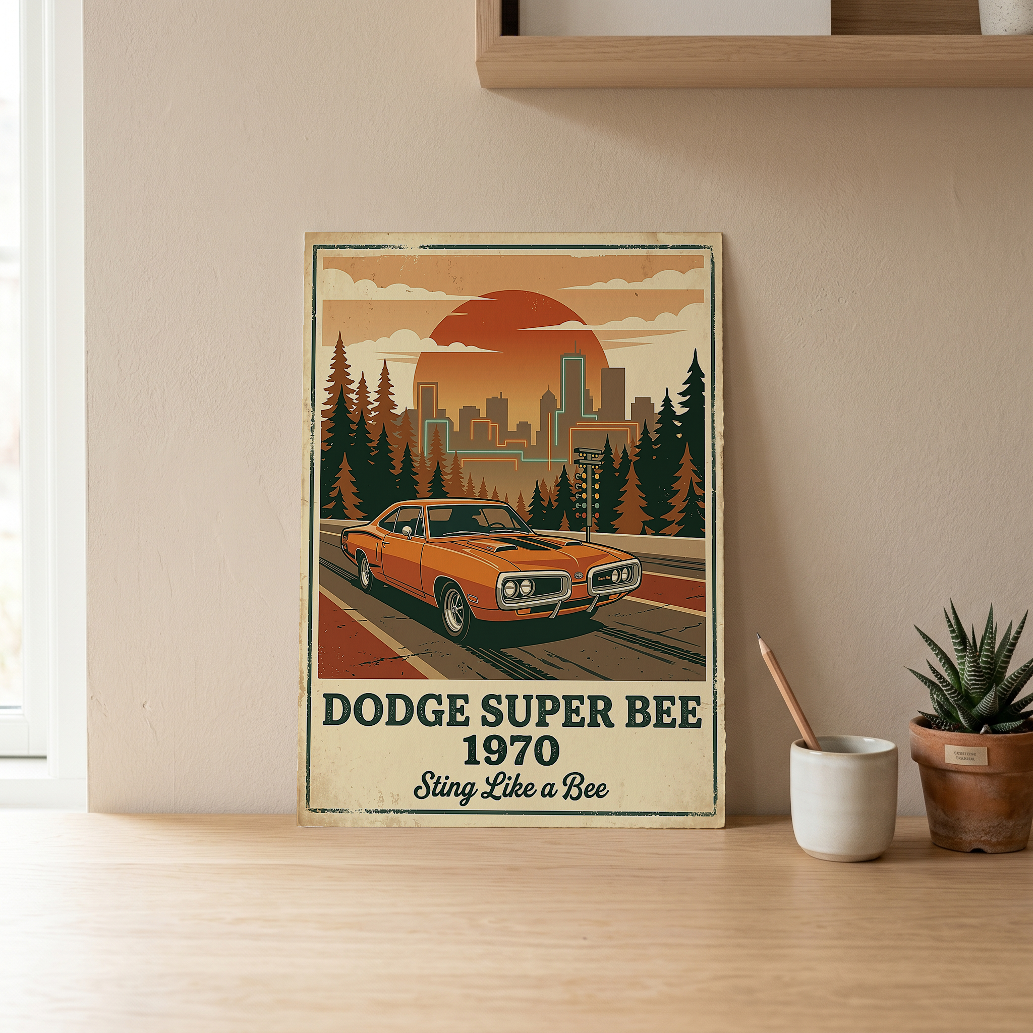 Dodge Super Bee 1970 Poster — Vintage Muscle Car City Skyline Print