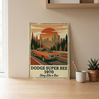 Dodge Super Bee 1970 Poster — Vintage Muscle Car City Skyline Print
