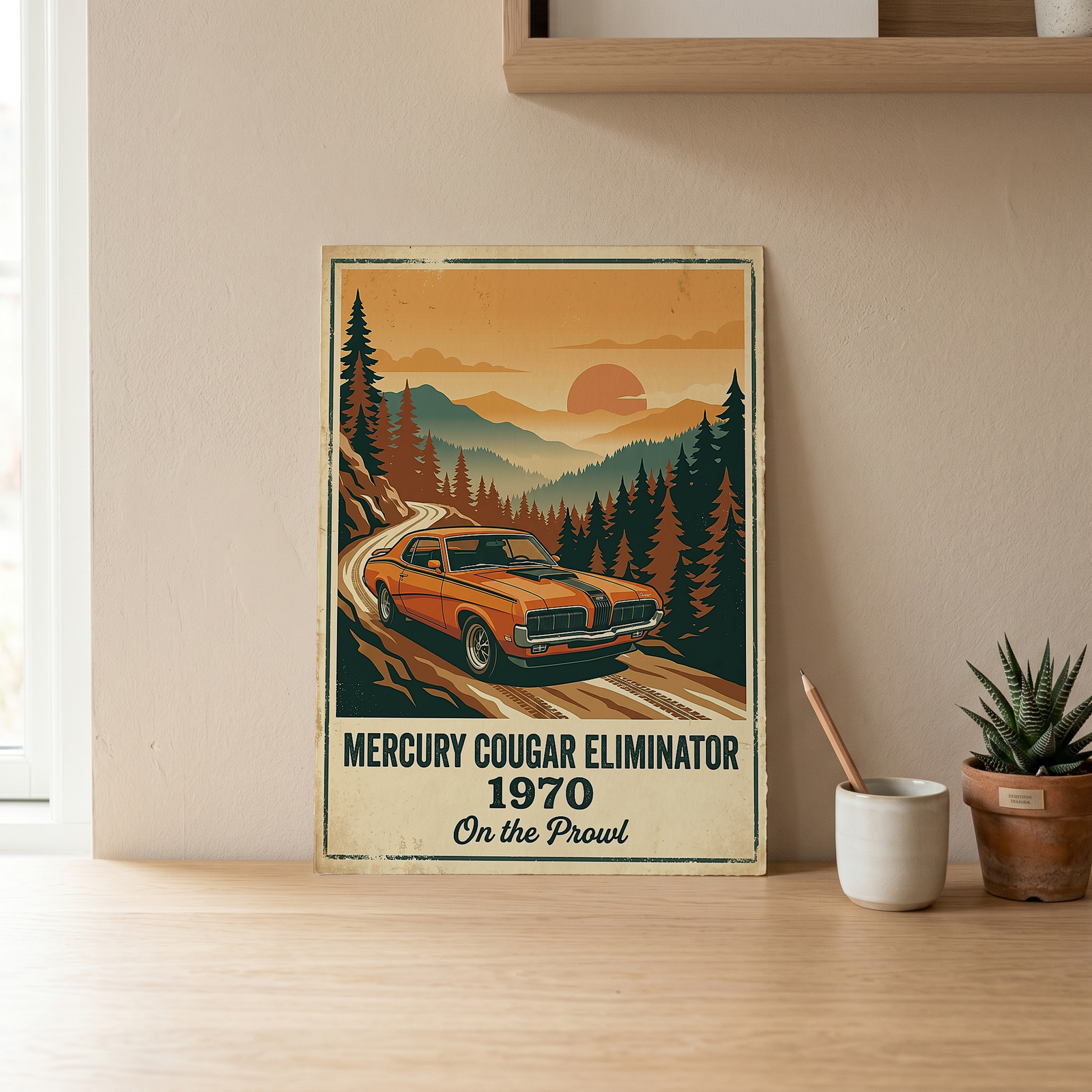 Mercury Cougar Eliminator 1970 V2 Poster — Vintage Muscle Car Pine Forest Sunset