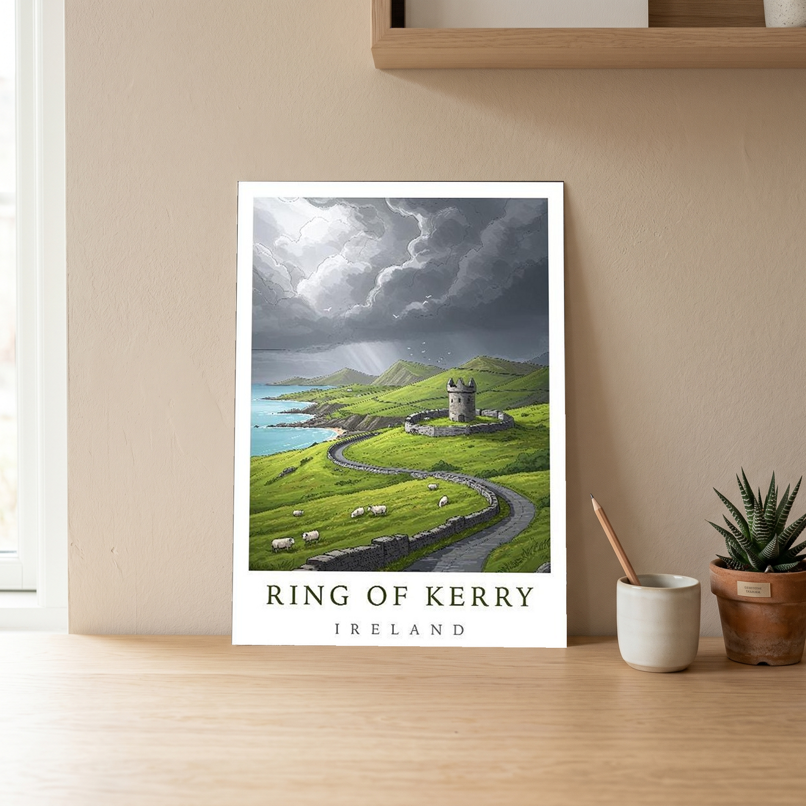 Ring of Kerry Ireland Travel Poster — Coastal Castle Sheep Stone Wall Print