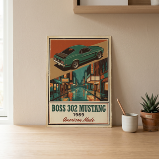 Boss 302 Mustang 1969 V2 Poster — Vintage Muscle Rainy Cinema Street Print