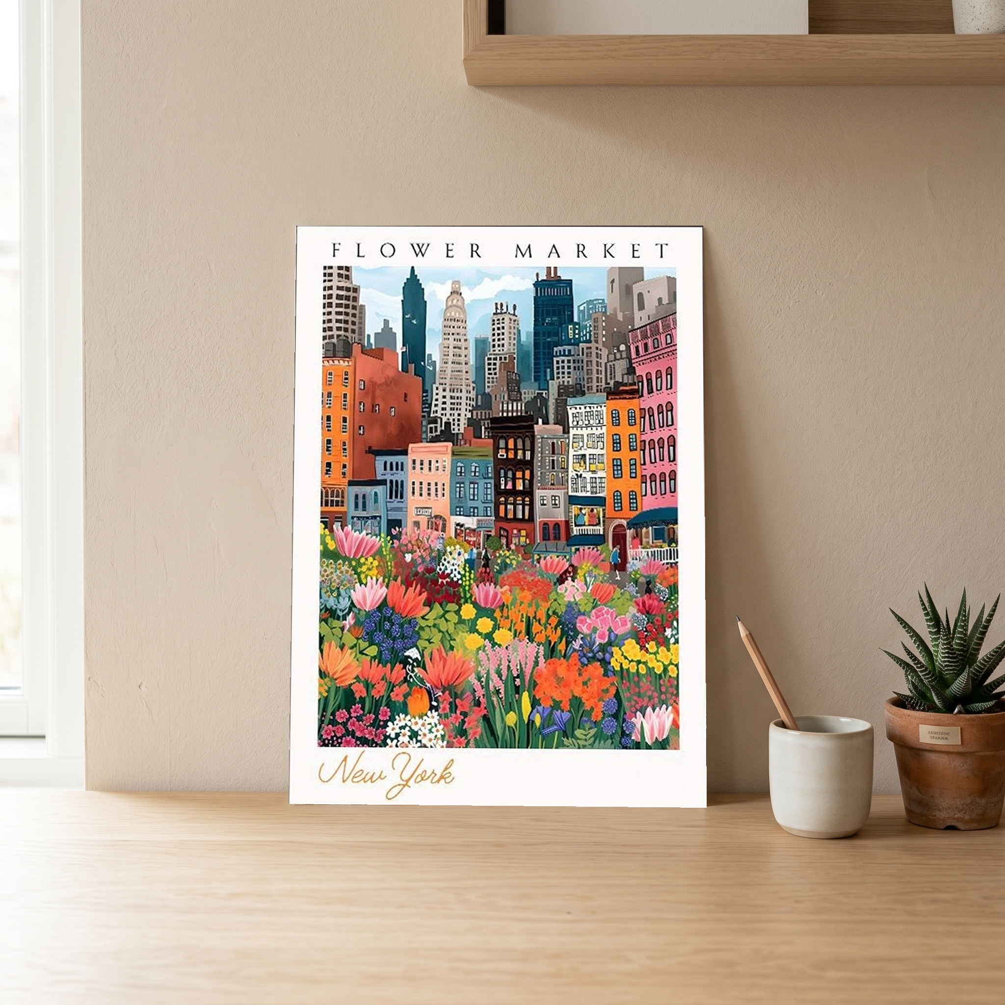 New York Flower Market Print — NYC Skyline Cityscape Botanical Art