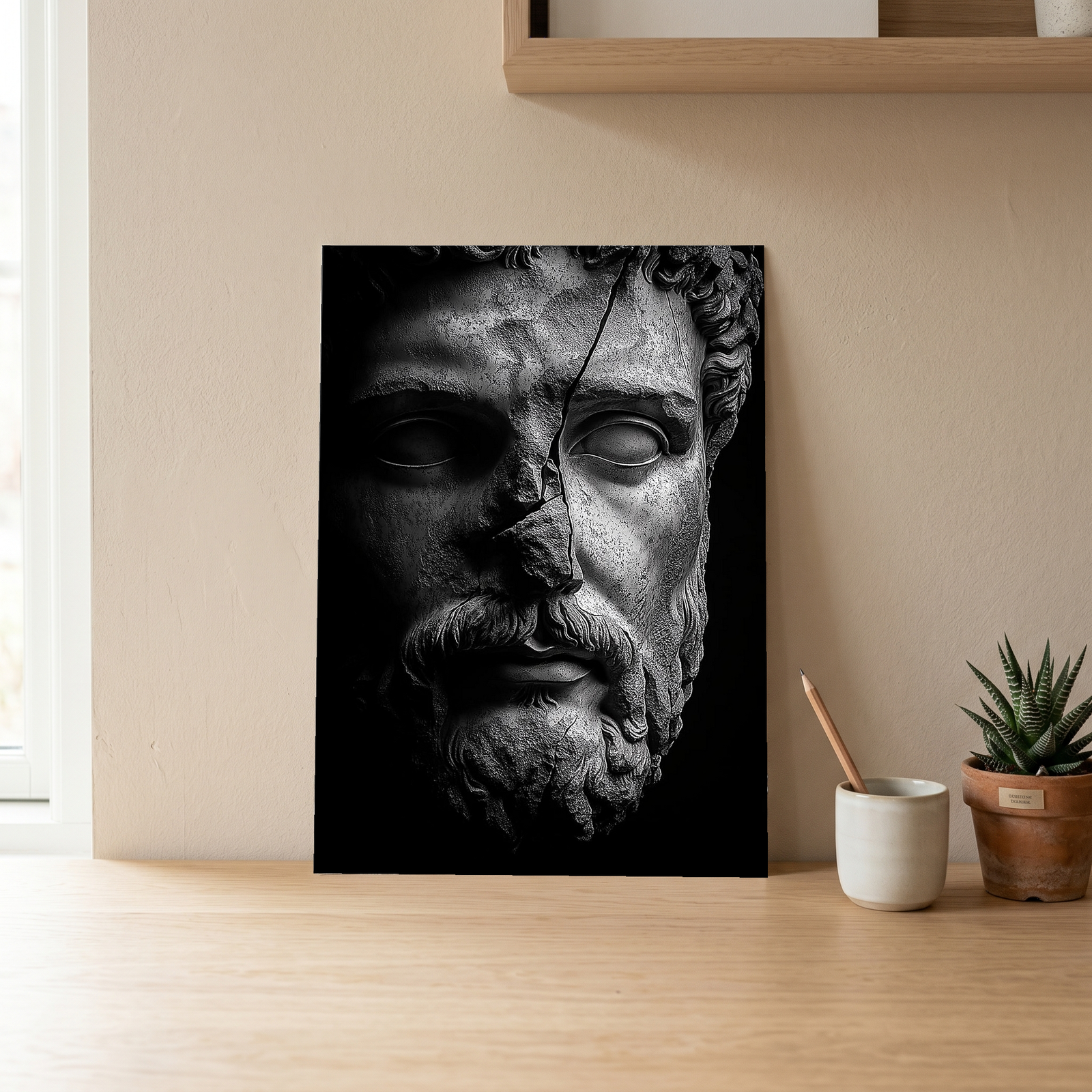 Stone Guardian Wall Art Print — Ancient Sculpted Face Poster