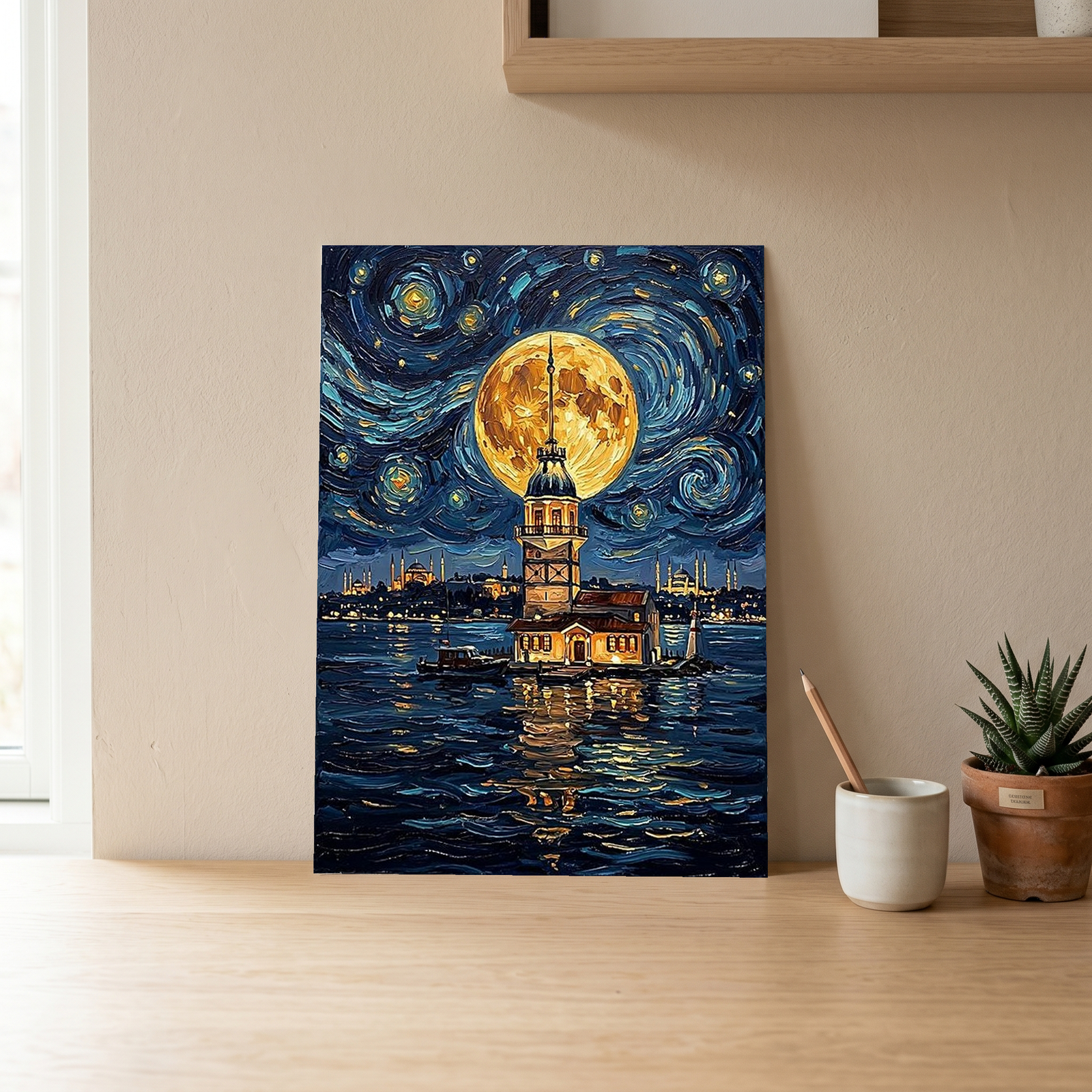 Maiden Tower Istanbul Full Moon Print — Van Gogh-Style Skyline Wall Art